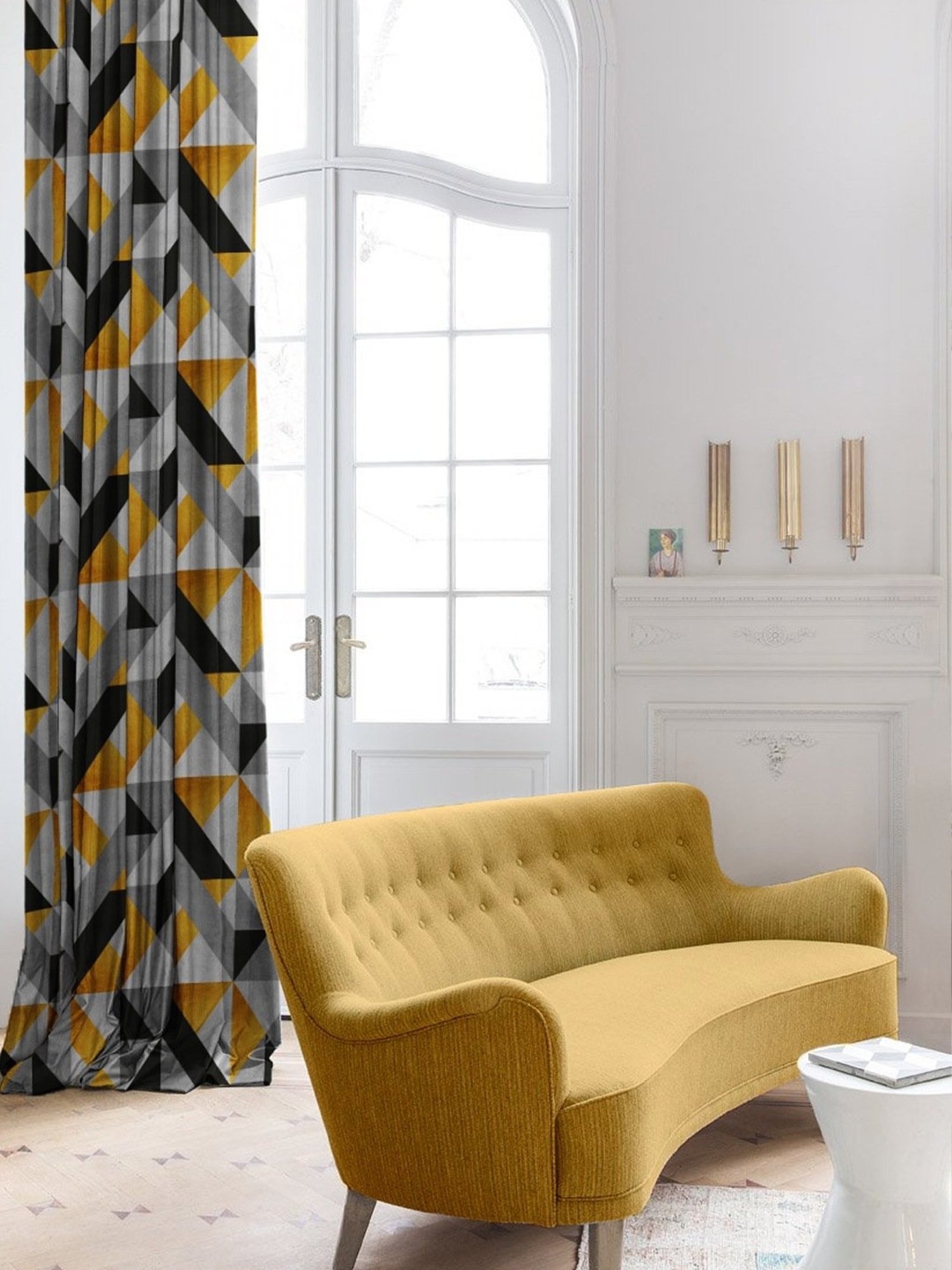 SPACES DRAPE STORY Elegent Yellow & Grey Polyester 8 FT Door Curtain - Set of 2