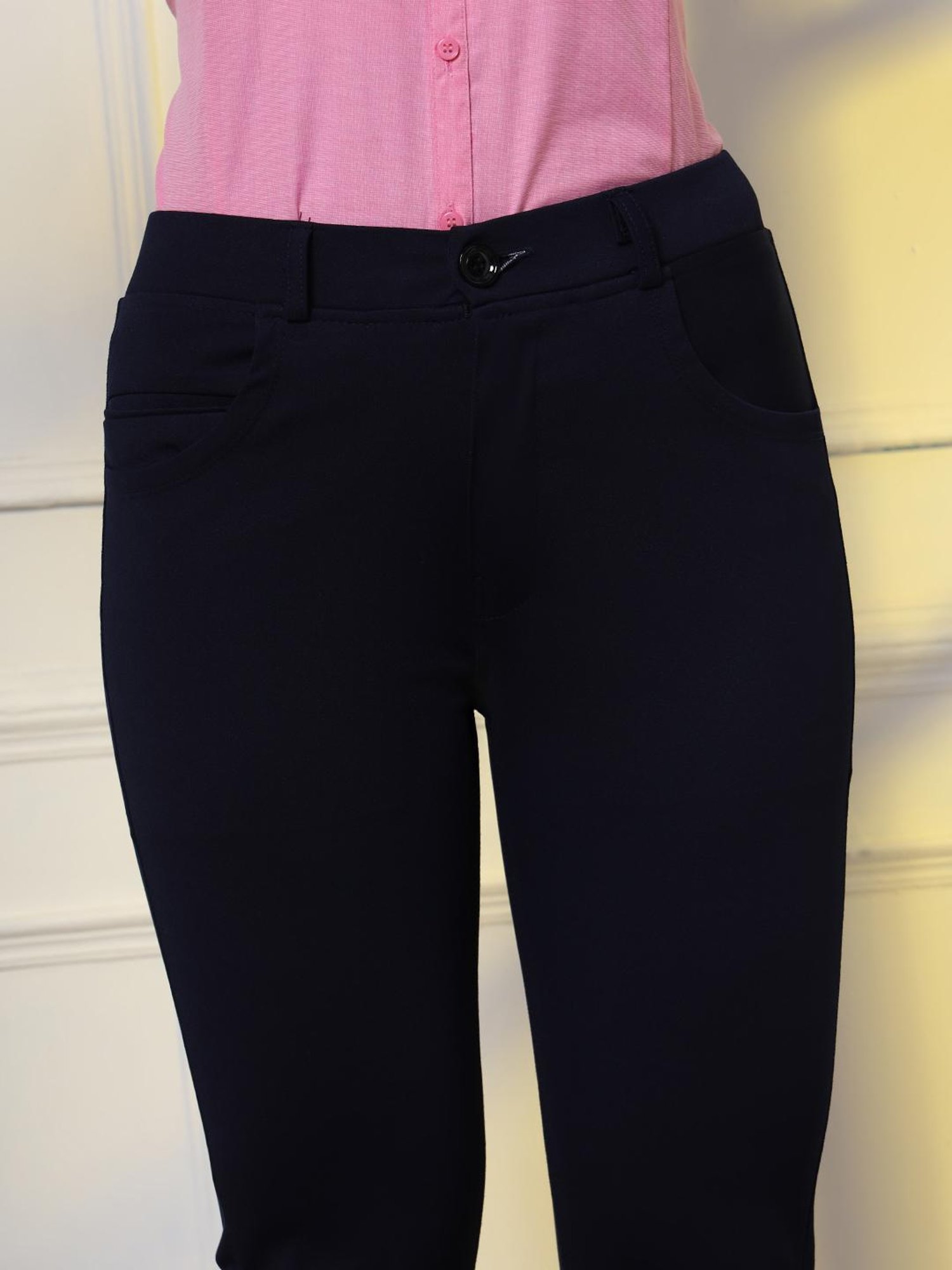 FITHUB Navy Slim Fit High Rise Formal Trousers