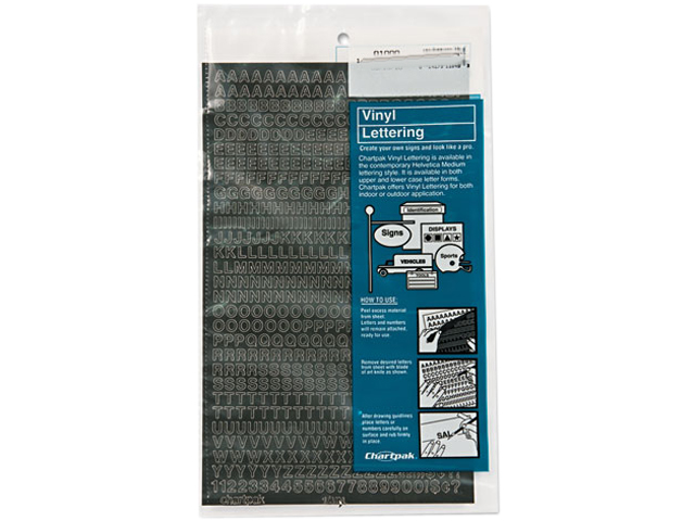 Chartpak 01000 Press-On Vinyl Letters & Numbers, Self Adhesive, Black, 1/4"h, 610/Pack