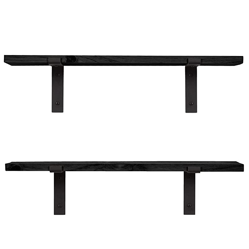 Rustic Wood Floating Shelves Wall Mounted Storage Shelf with L Brackets USA Handmade| Set of 2 Black 24 x 55
