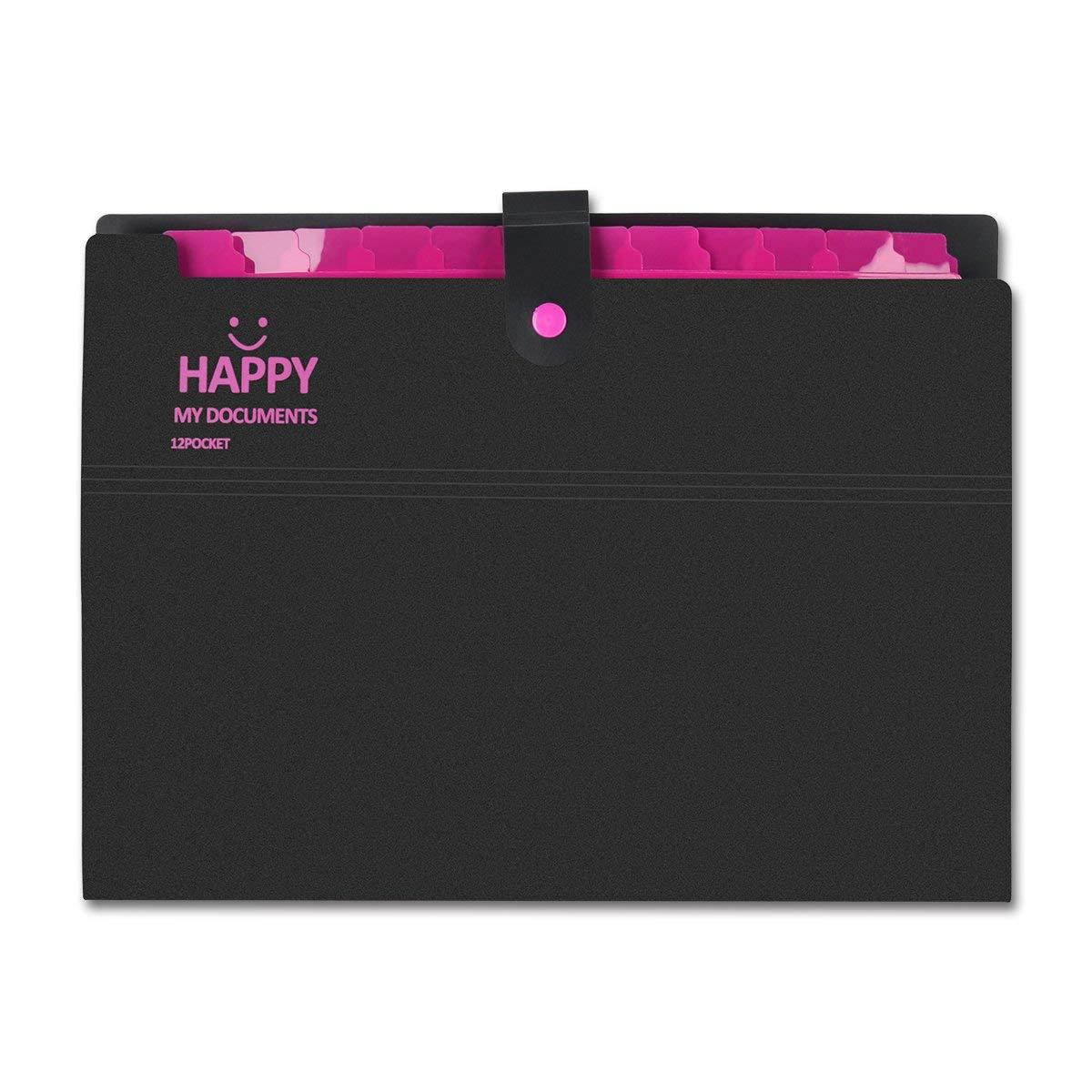 Yigou Expanding File Folder 12 Pockets with Snap Button, Portable Accordion Office Document Organizer Letter A4 Paper Size [Black]