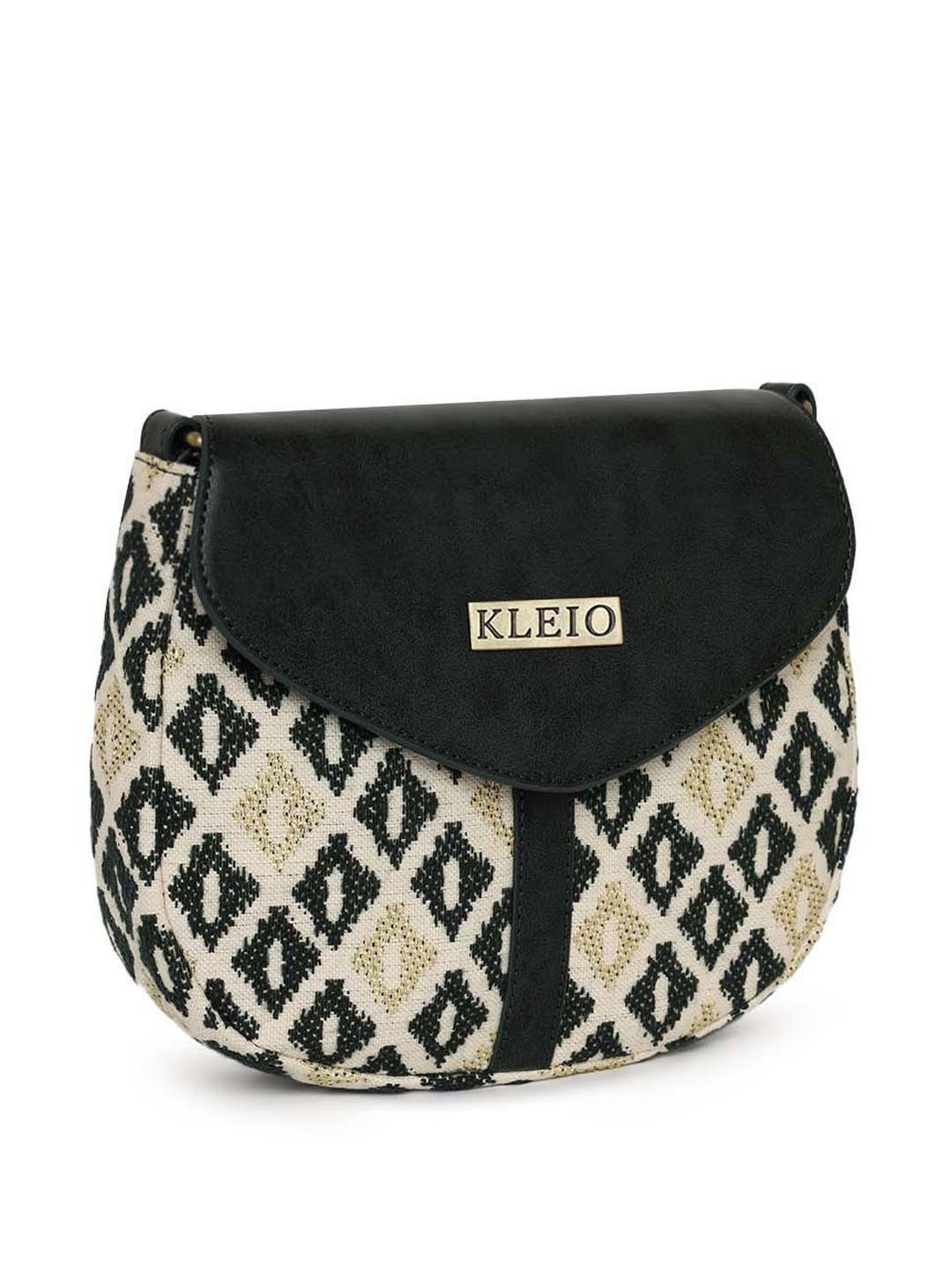 KLEIO Black & Golden Textured Medium Sling Handbag