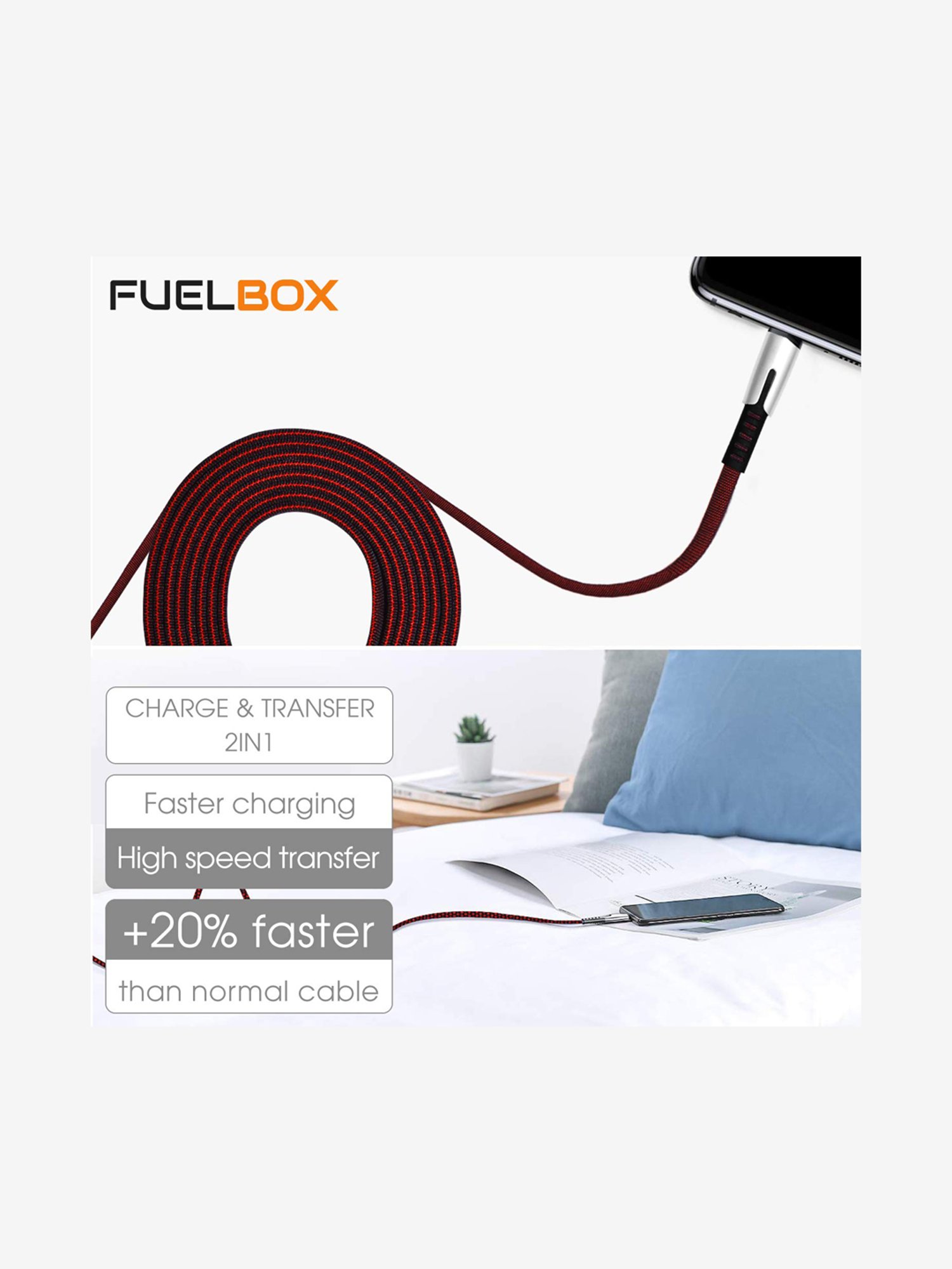 Fuelbox Nylon Tough Tested Braided Led Lightning To Usb Cable With Ultra Flexible 1.5 M(Red)