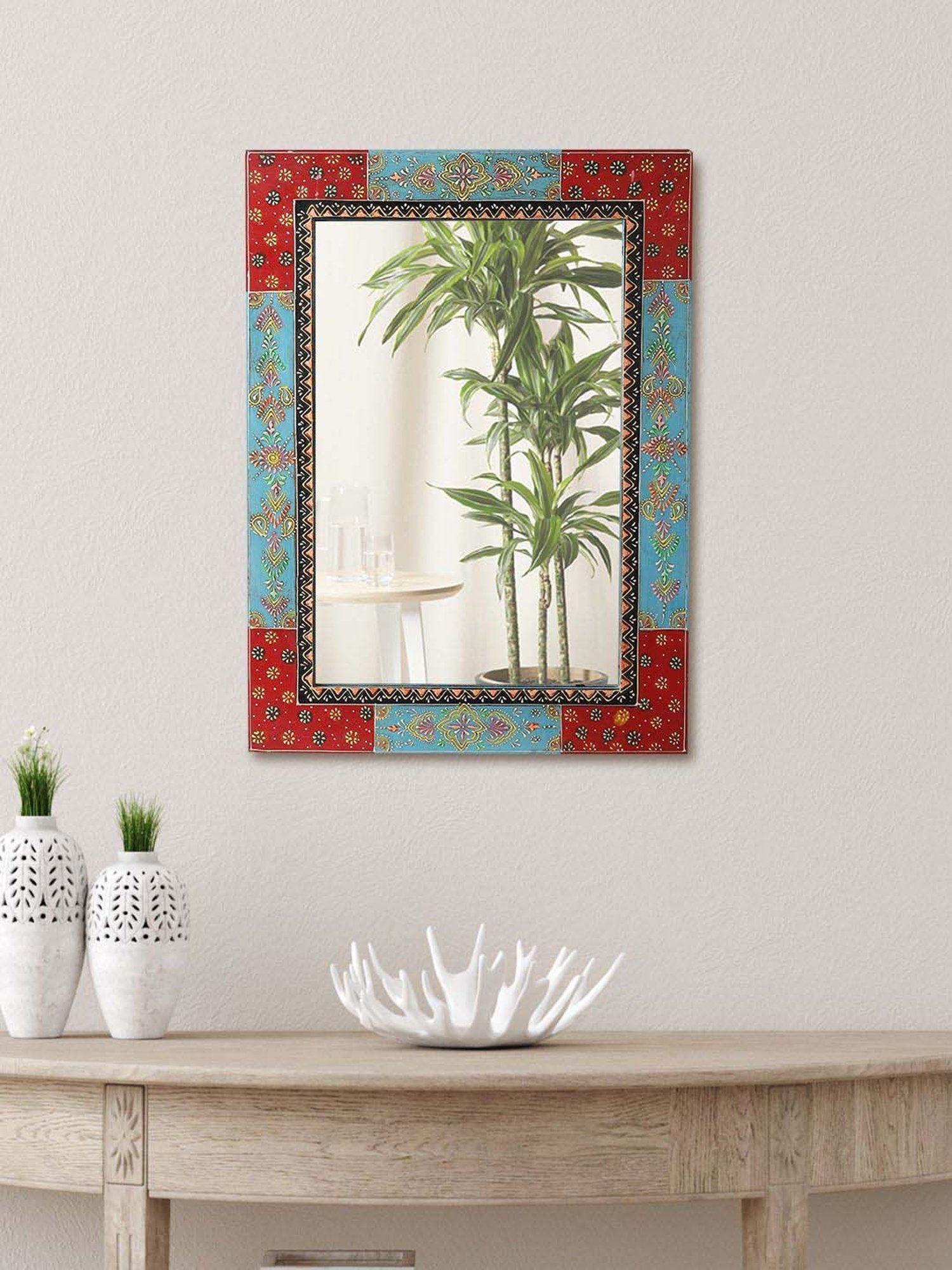 Aapno Rajasthan Red & Blue Wooden Wall Mirror