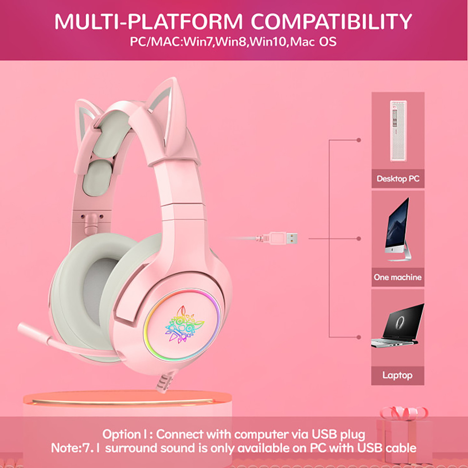K9 Gaming Headset with Removable Cat Ears, for PS5, PS4, Nintendo Switch, PC, with Surround Sound, RGB LED Light & Noise Canceling Retractable Microphone