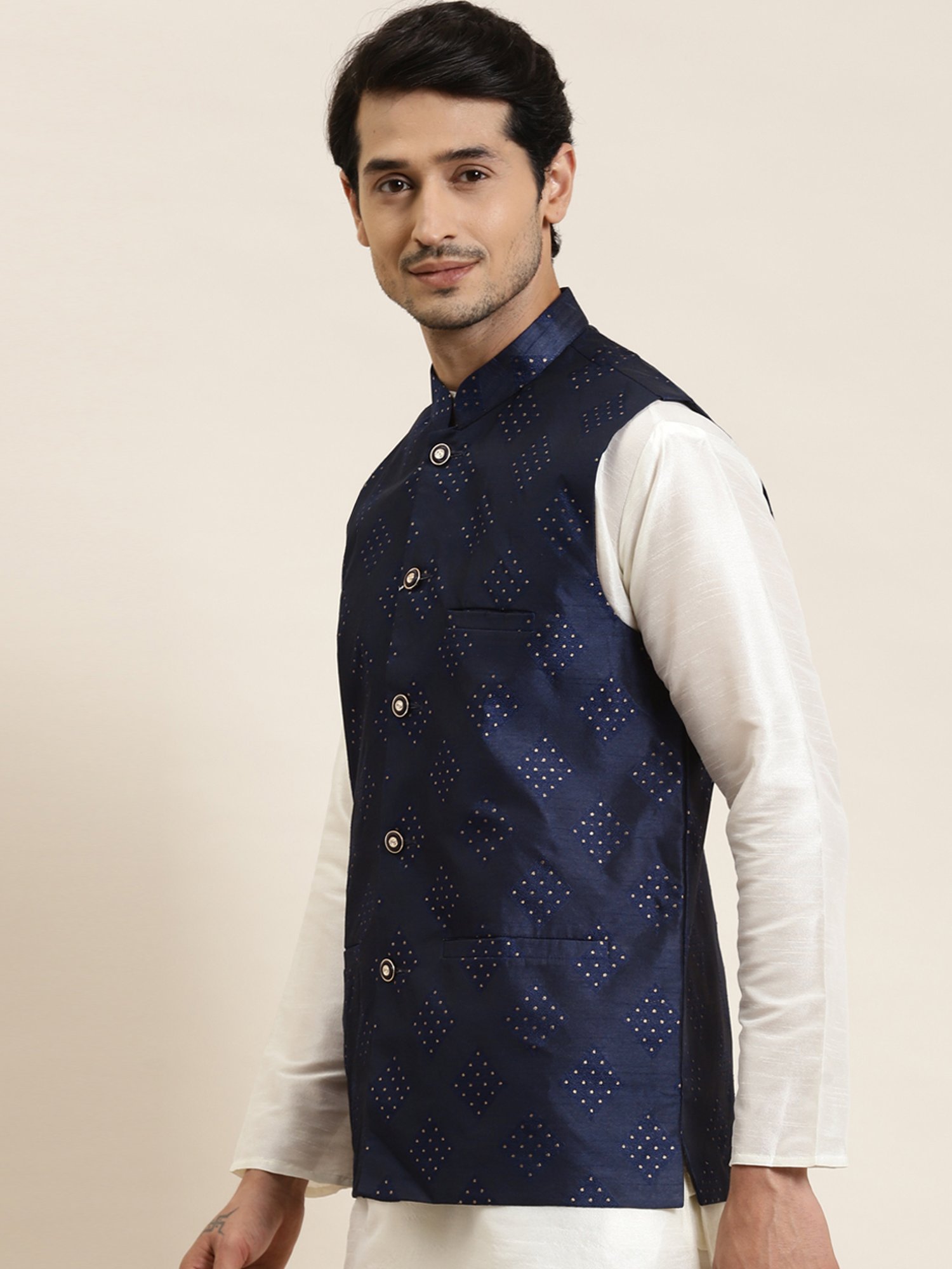 Sojanya Navy Regular Fit Self Pattern Nehru Jacket