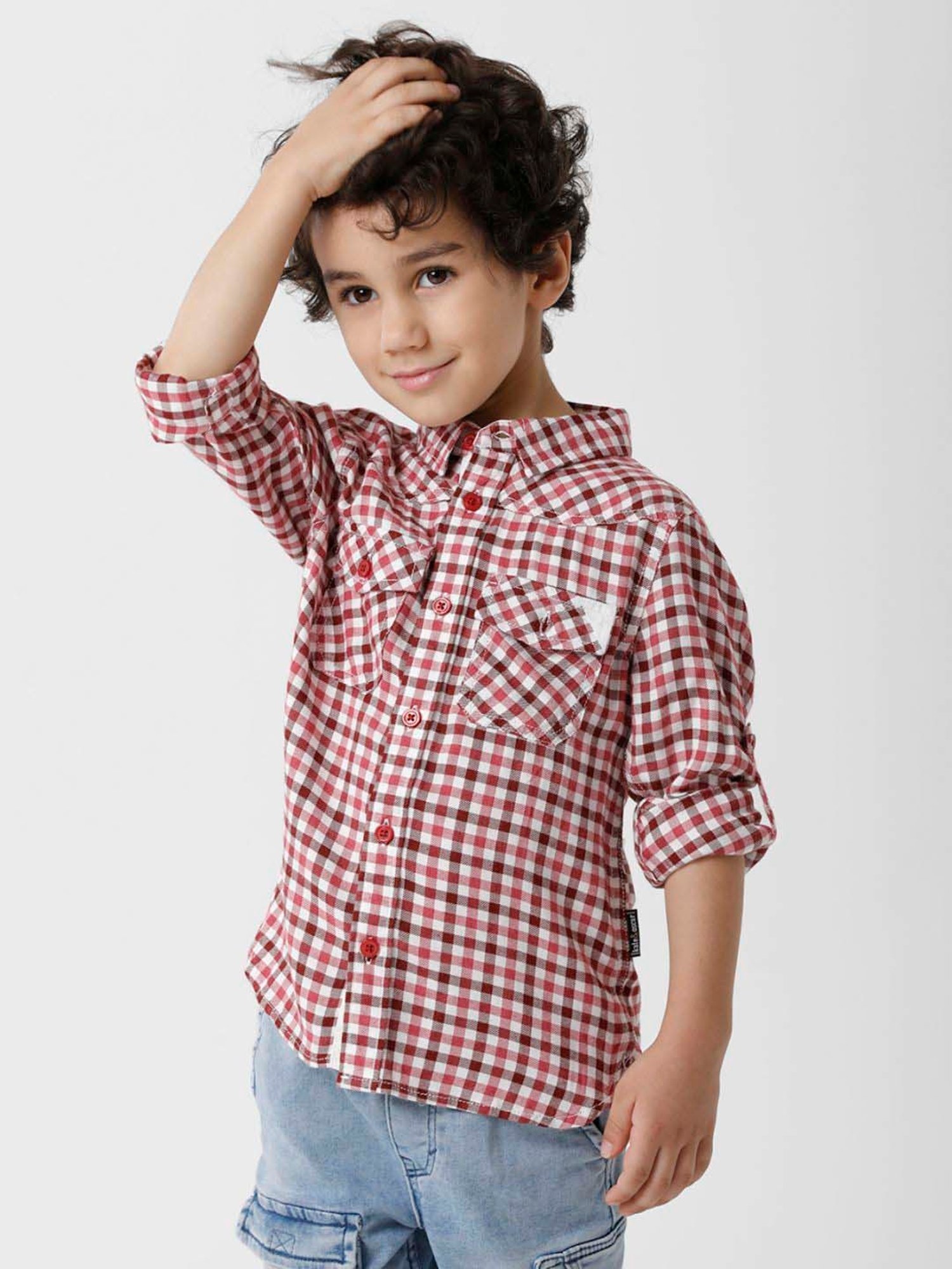 Kate & Oscar Kids Pink & White Chequered Full Sleeves Shirt