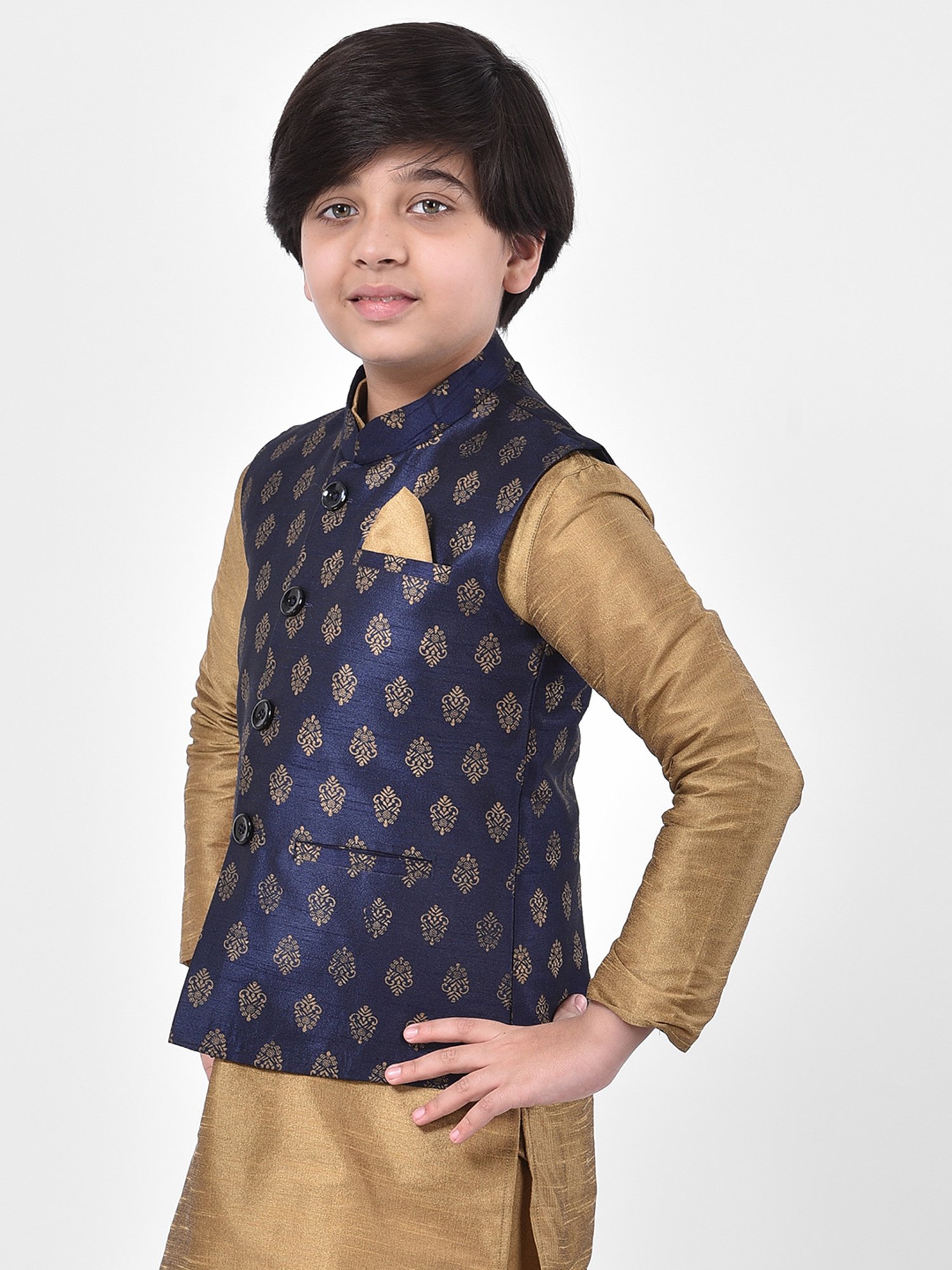 Deyann Kids Navy Embroidered Nehru Jacket