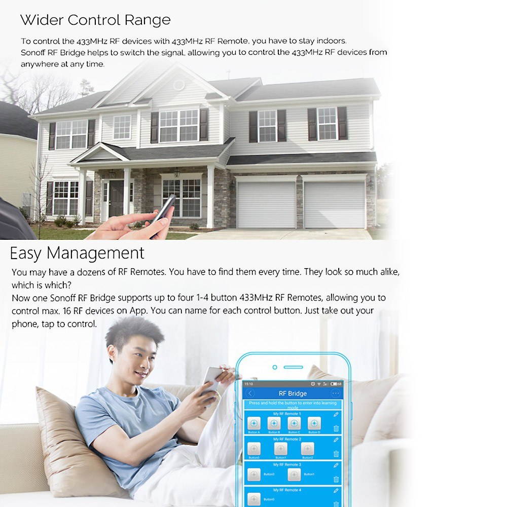Sonoff RF Bridge 433MHZ Wifi Wireless Intelligent Wi-Fi Remote RF Controller Automation Module Switch For Smart Home Security Alexa Google Home