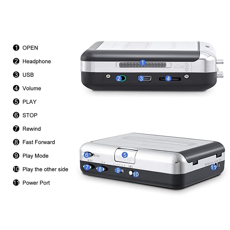 Cassette Player Portable Walkman Cassette Tape Player Tape Converter to MP3/WAV/CD via USB, with Earphones Compatible with Laptops and PC