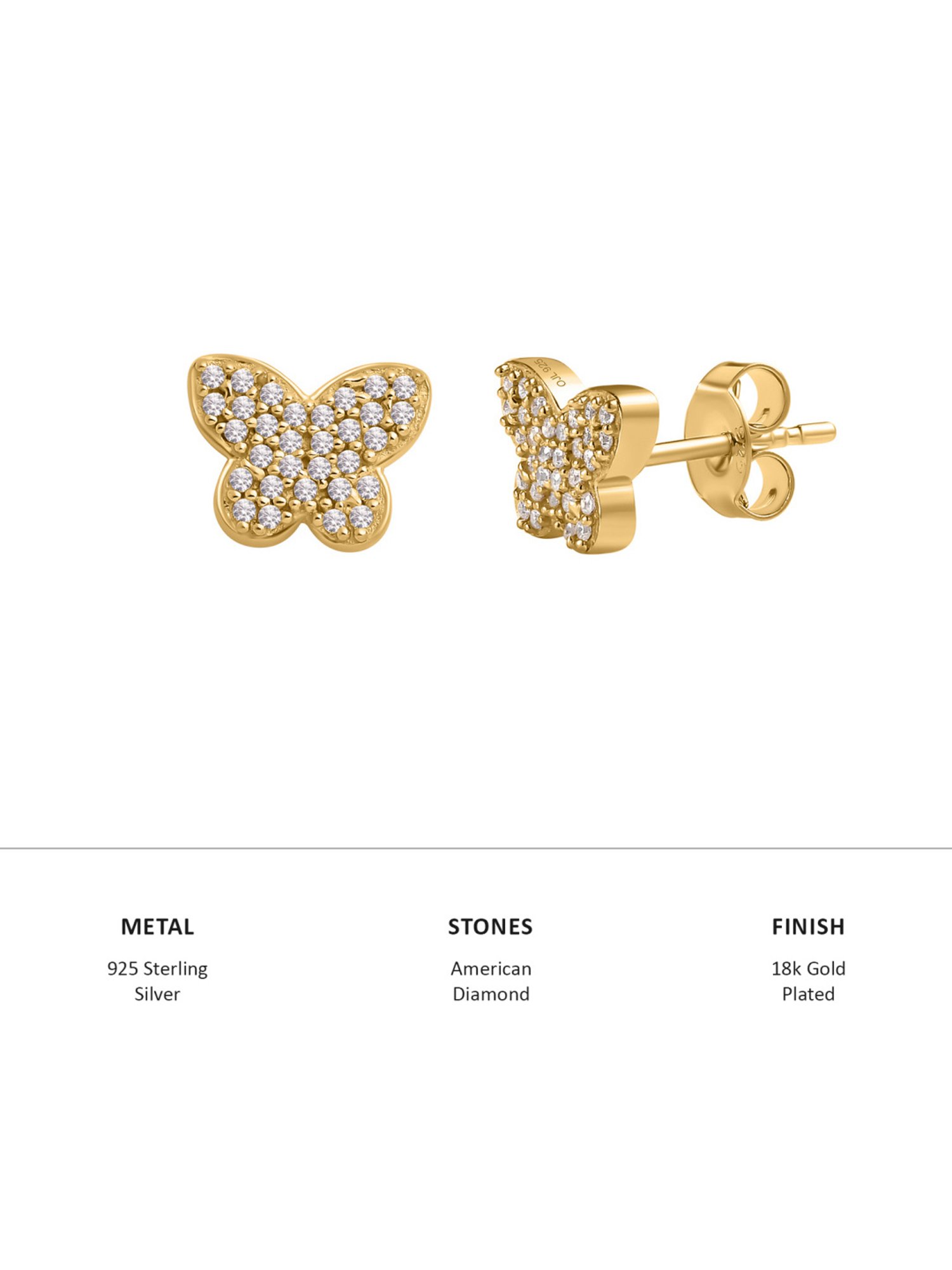 Ornate Jewels 925 Sterling Silver Gold-Plated American Diamonds Butterfly Stud Earrings for Women