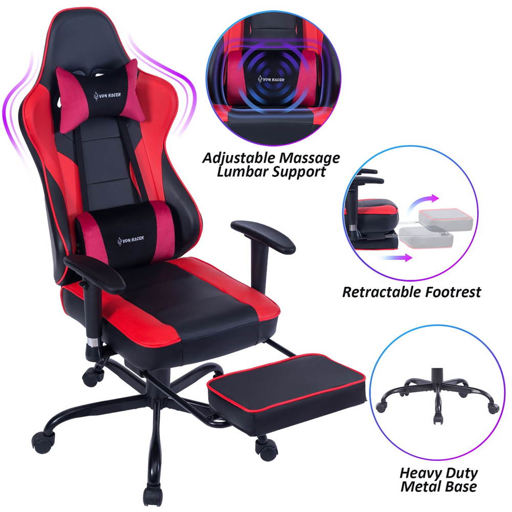 VON RACER Massage Gaming Chair - High Back Racing PC Computer Desk Office Chair Swivel Ergonomic Executive Leather Chair with Footrest and Adjustable Armrests(Grey)