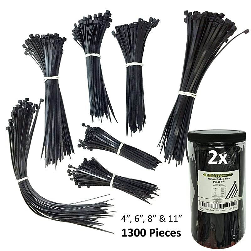 Nylon Cable Tie Kit 1300 Zip Ties Assorted Lengths 4 6 8 11 Black