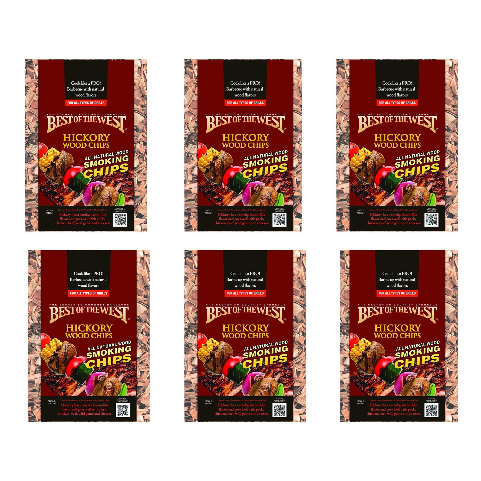 Best of the West Natural BBQ Hickory Wood Smoking Chips, 180 Cu Inches (6 Pack)