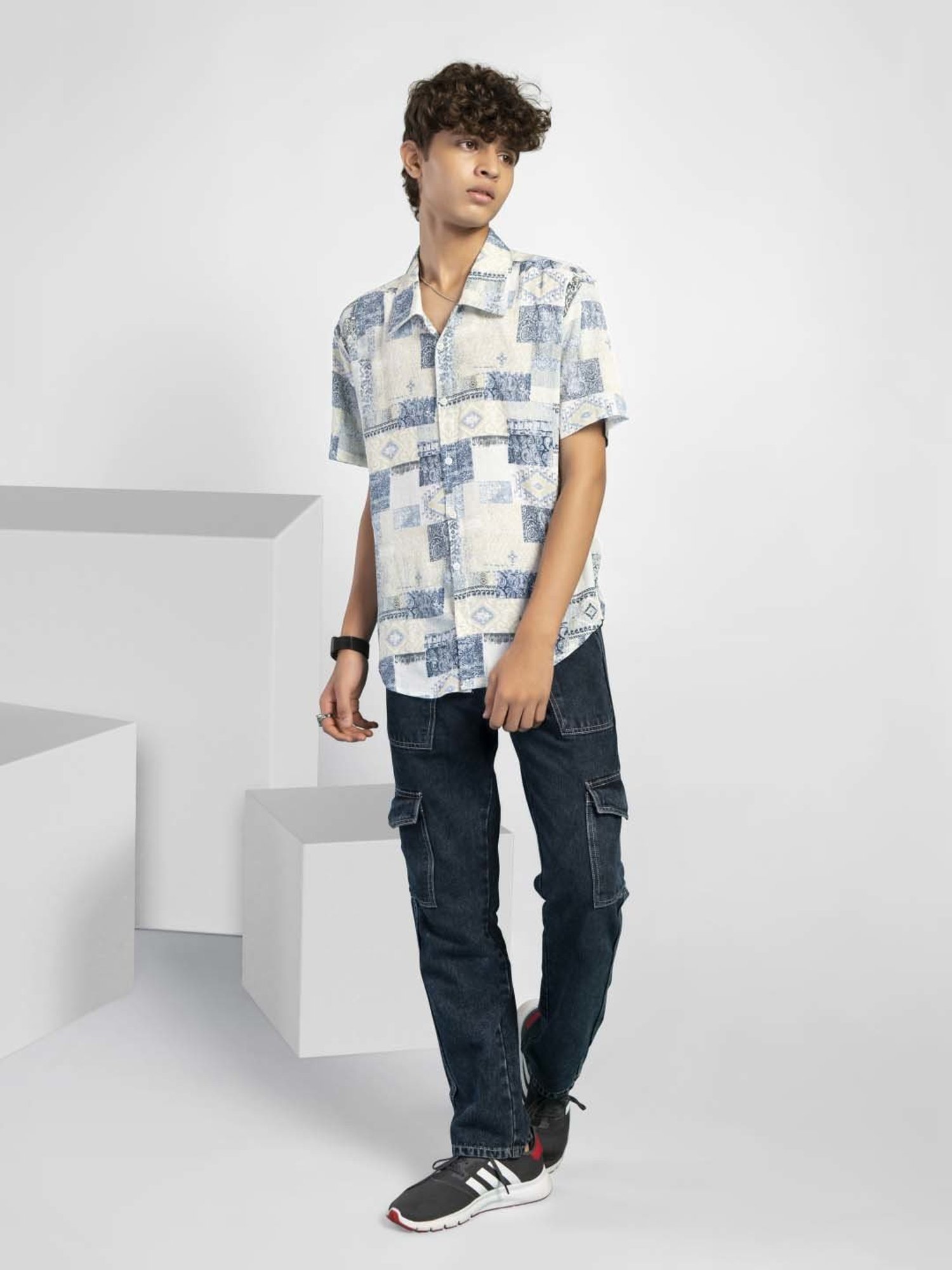 TeenTrums Kids Blue & White Cotton Printed Shirt