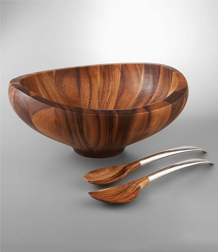 Nambe Butterfly Acacia Wood Bowl With Servers