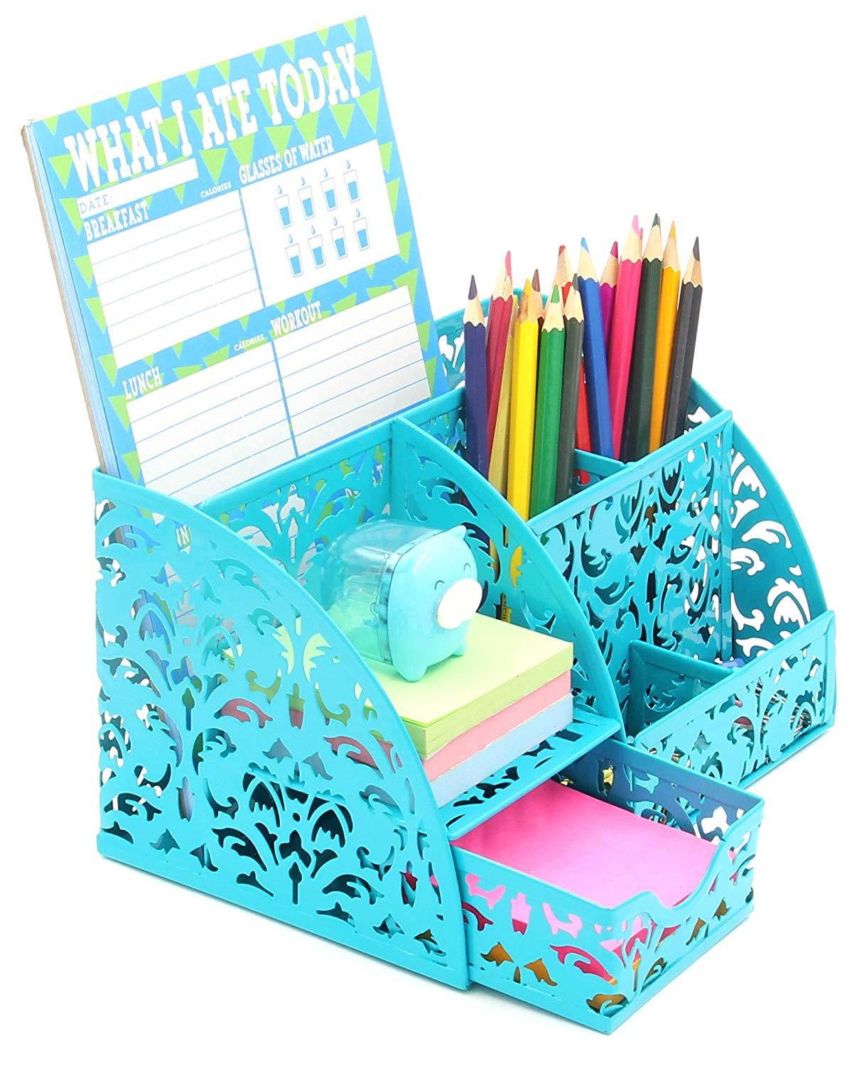 EasyPAG Office Desk Organizer Accessories Caddy with 6 Compartments and Drawer,Dark Teal