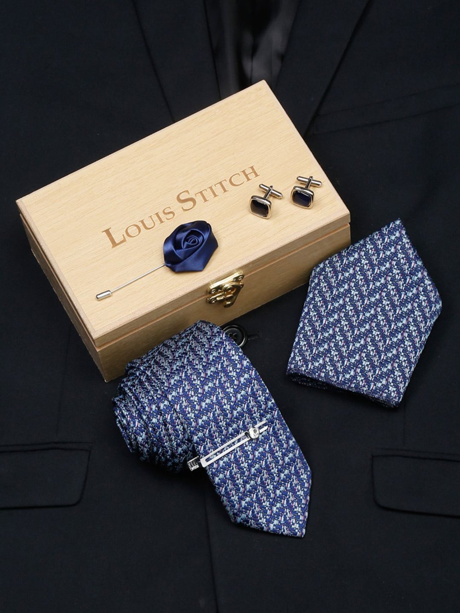 Louis Stitch Blue Embroidered Necktie Gift Set - Set of 5