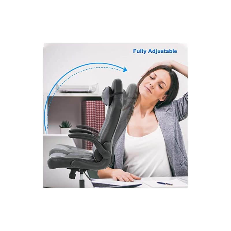 Office High-Back PU Leather Racing Reclining Computer Executive Desk Lumbar Support Adjustable Arms Rolling Swivel Chair for Women, Men, Grey