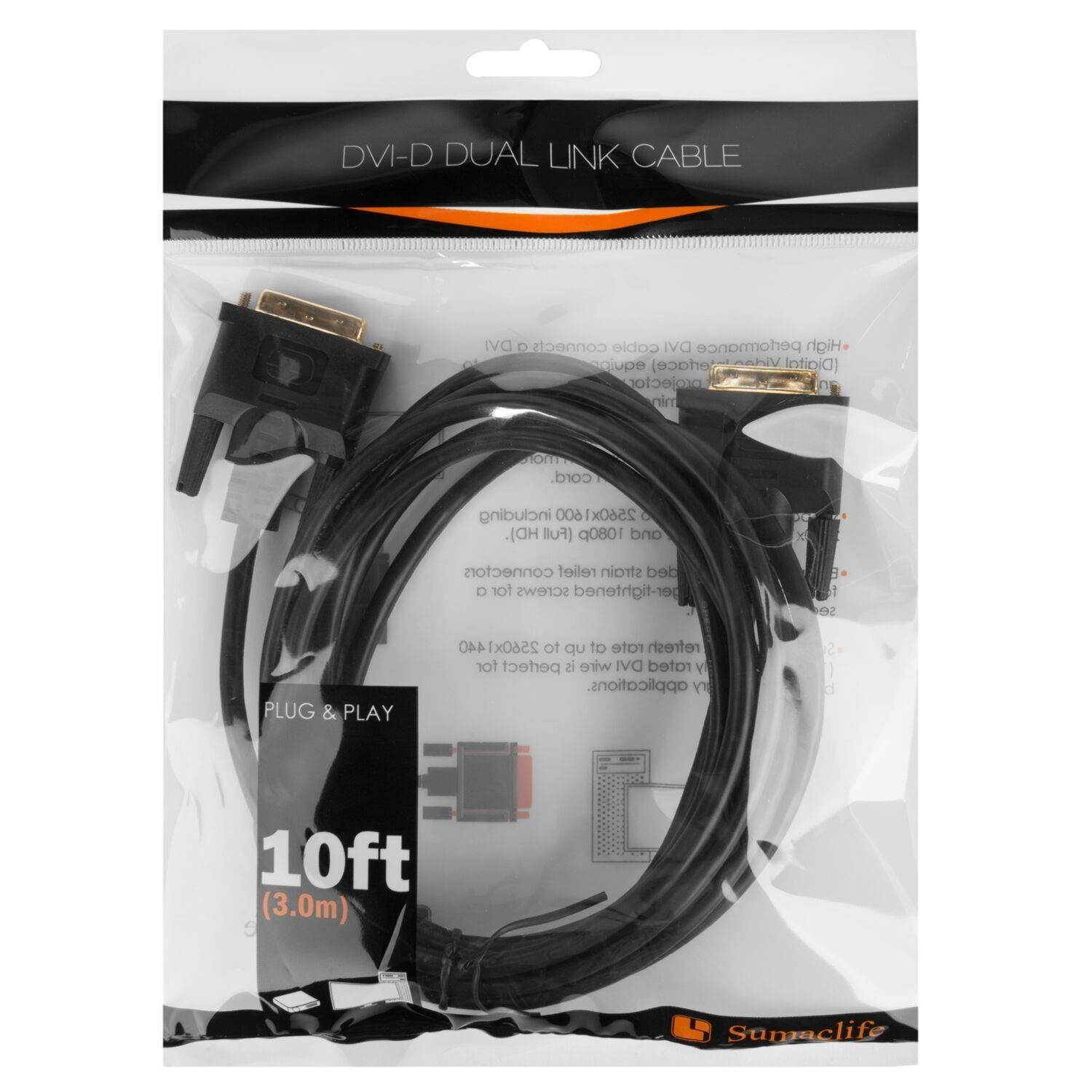 NEW Black Sumaclife 10 ft Audio & Video HD TV DVI DL HDMI Dual Link Cable