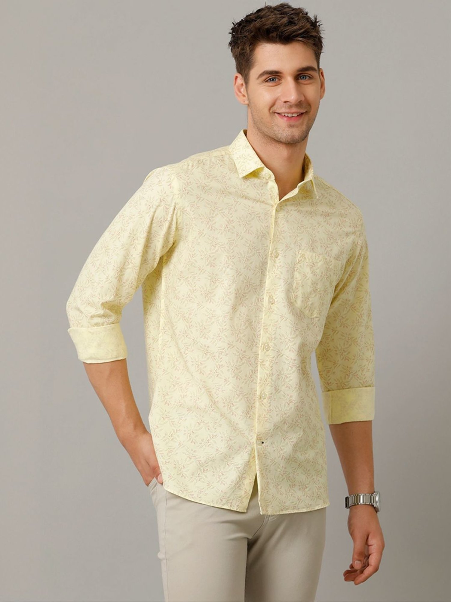 Cavallo By Linen Club Yellow Linen Contemporary Fit Printed Shirt