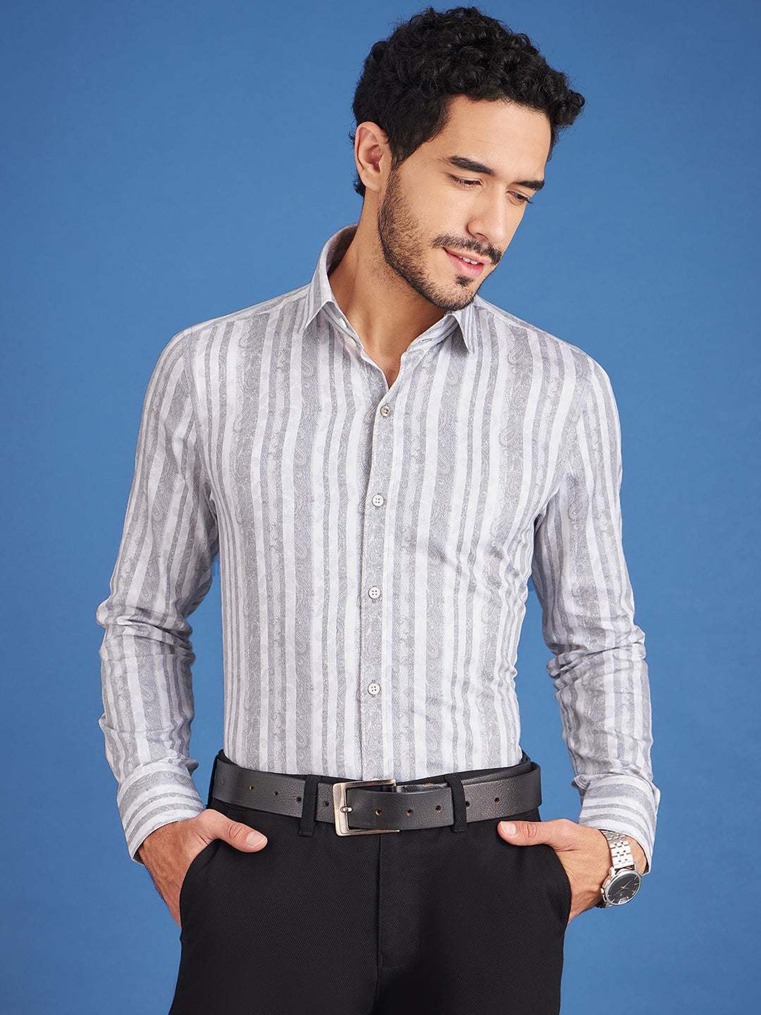 Louis Stitch White And Grey Cotton Regular Fit Striped Shirt