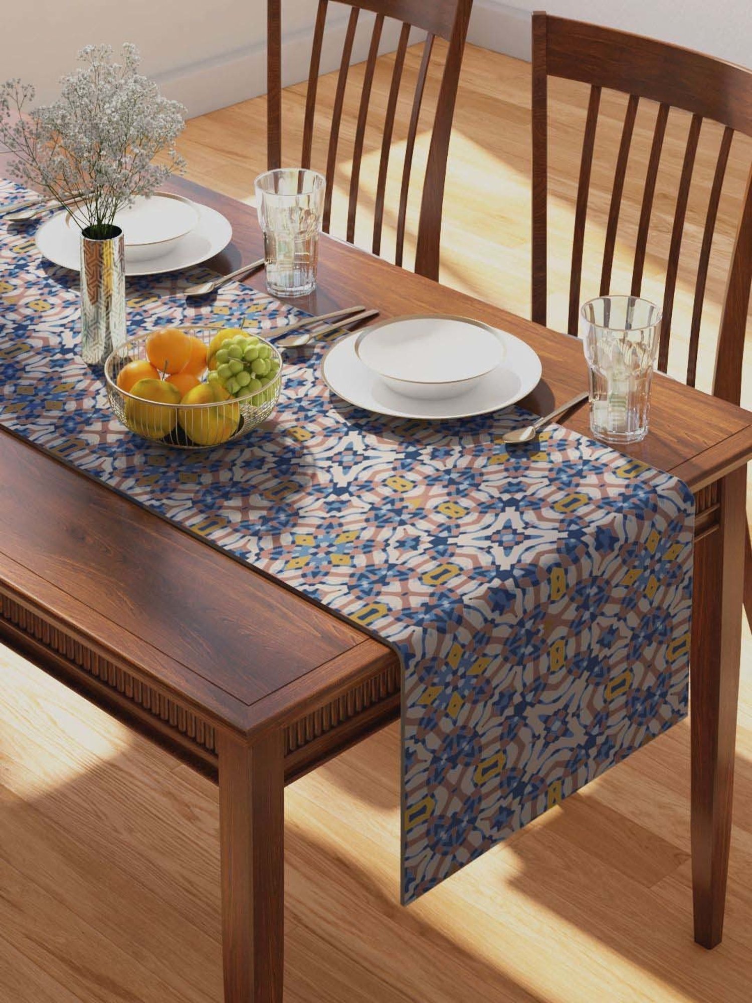 Petal Home Alhambra Blue & Beige Cotton Table Runner
