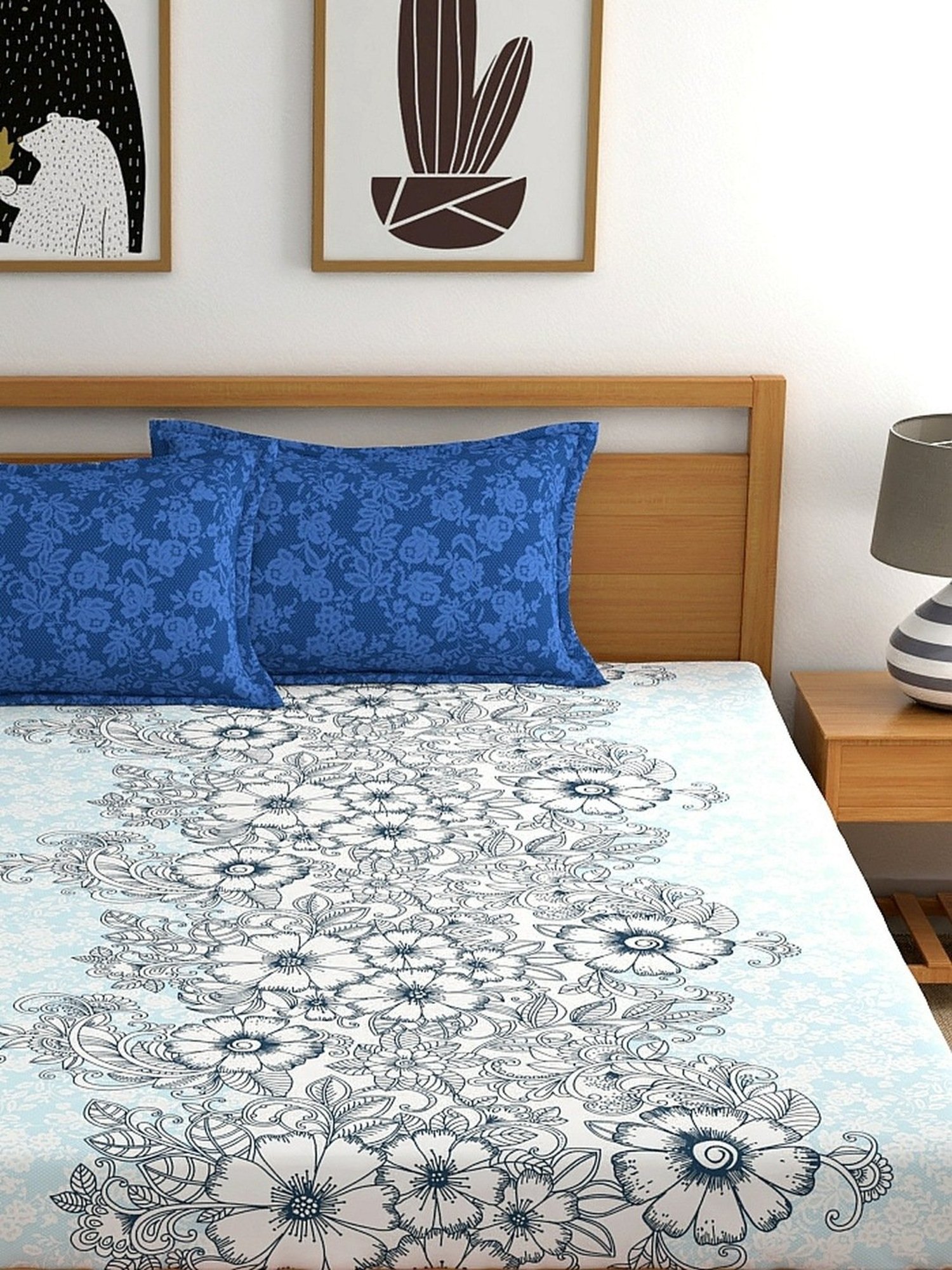 My Room Floral Blue 140 TC Cotton Fitted King Bed Sheet with 2 Pillow Covers