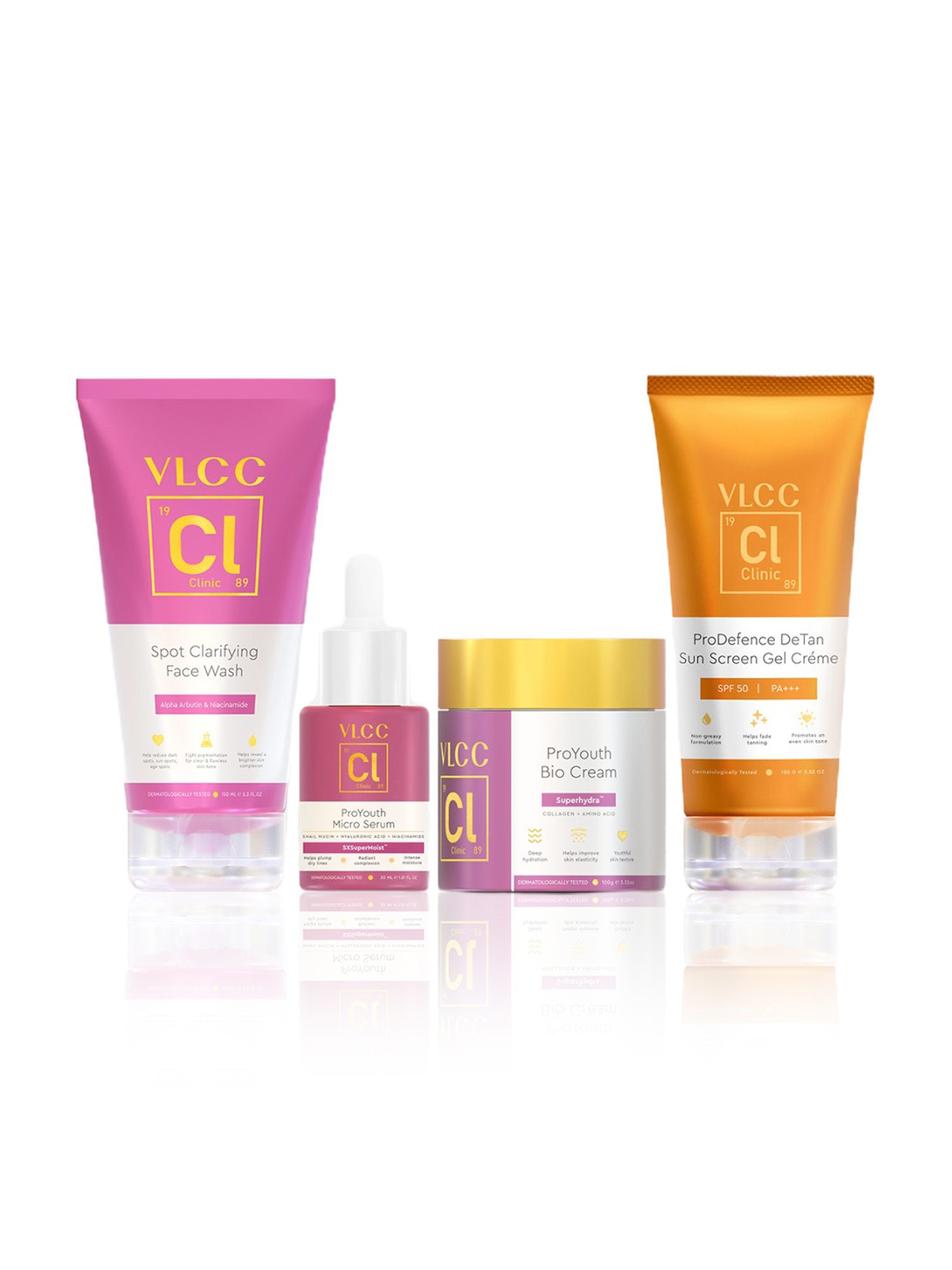 VLCC Clinic Face Wash, DeTan Sun Screen, ProYouth Micro Serum & Bio Cream Combo