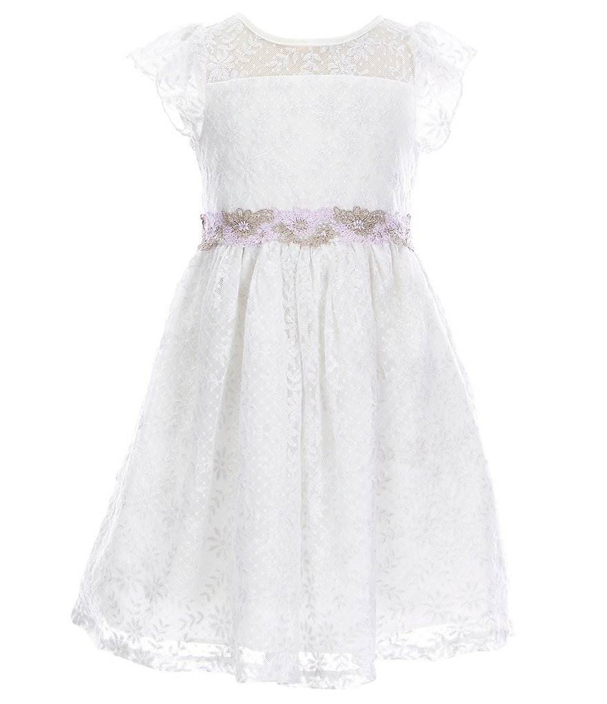 Laura Ashley Little Girls 2T-6X Cap Flutter Sleeve Embroidered Lace Dress