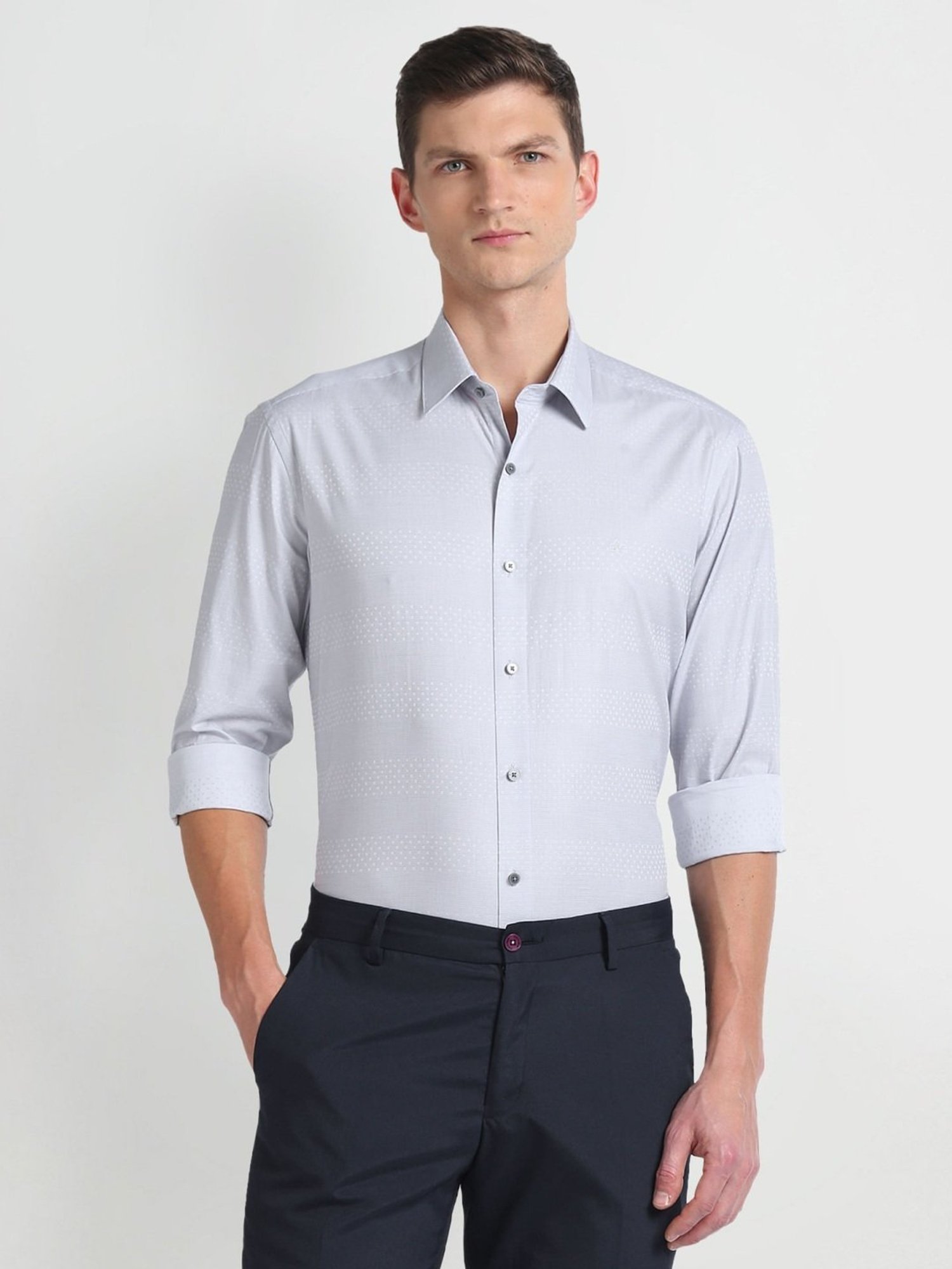 Arrow Newyork Grey Cotton Slim Fit Striped Shirt