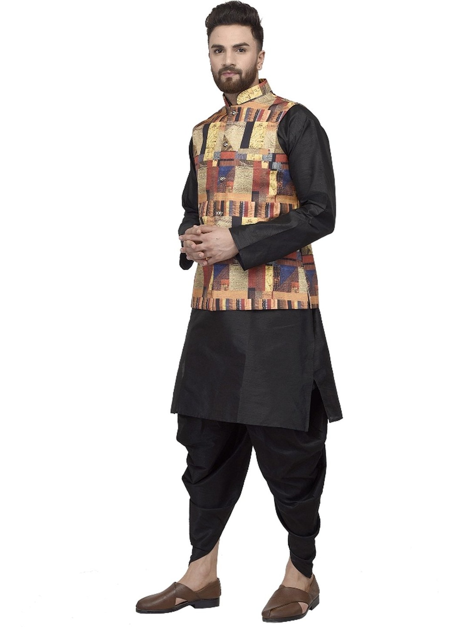 Benstoke Black & Multi Regular Fit Geometric Kurta Set With Jacket