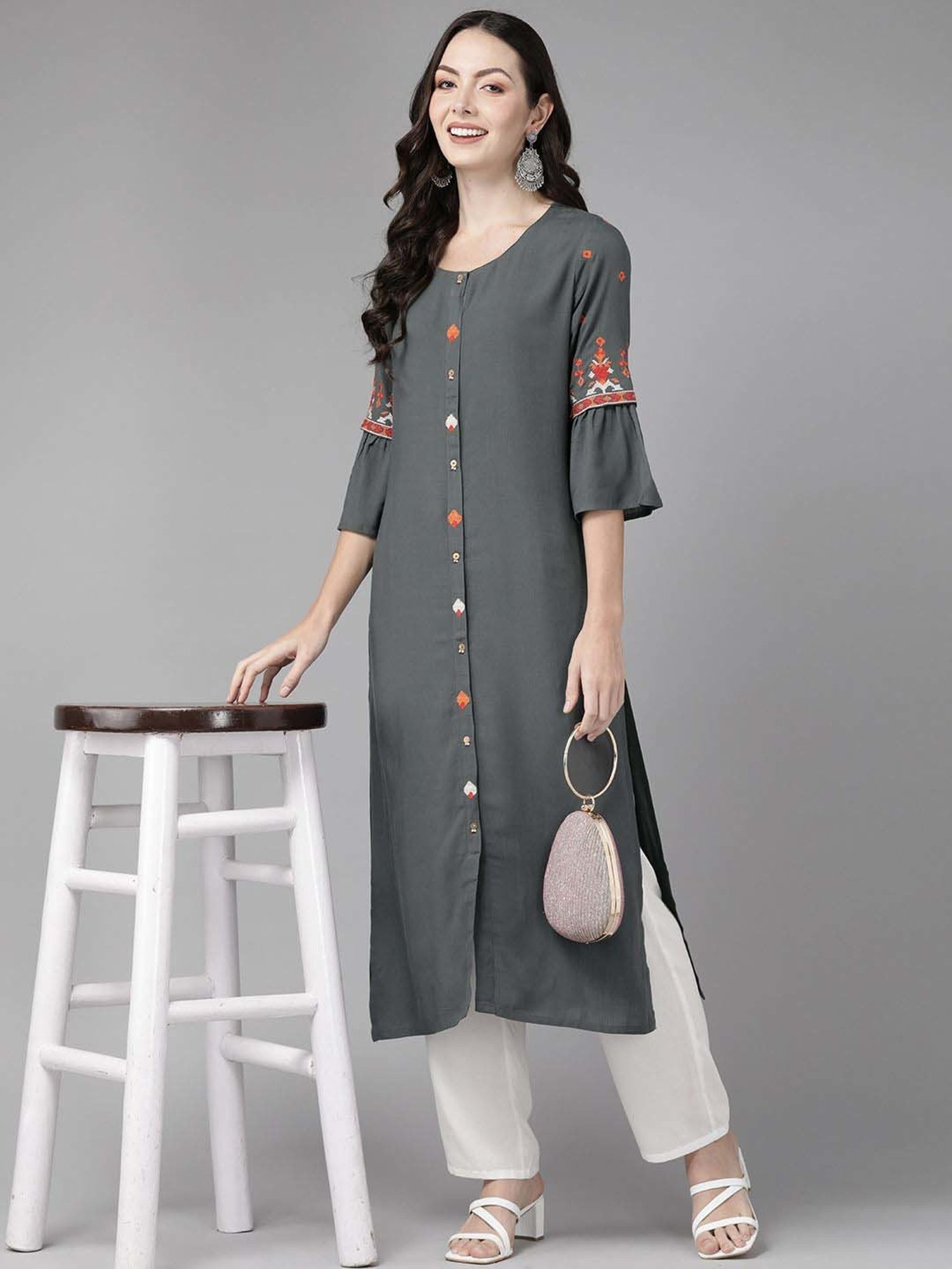 Cayman Grey Cotton Embroidered Straight Kurta