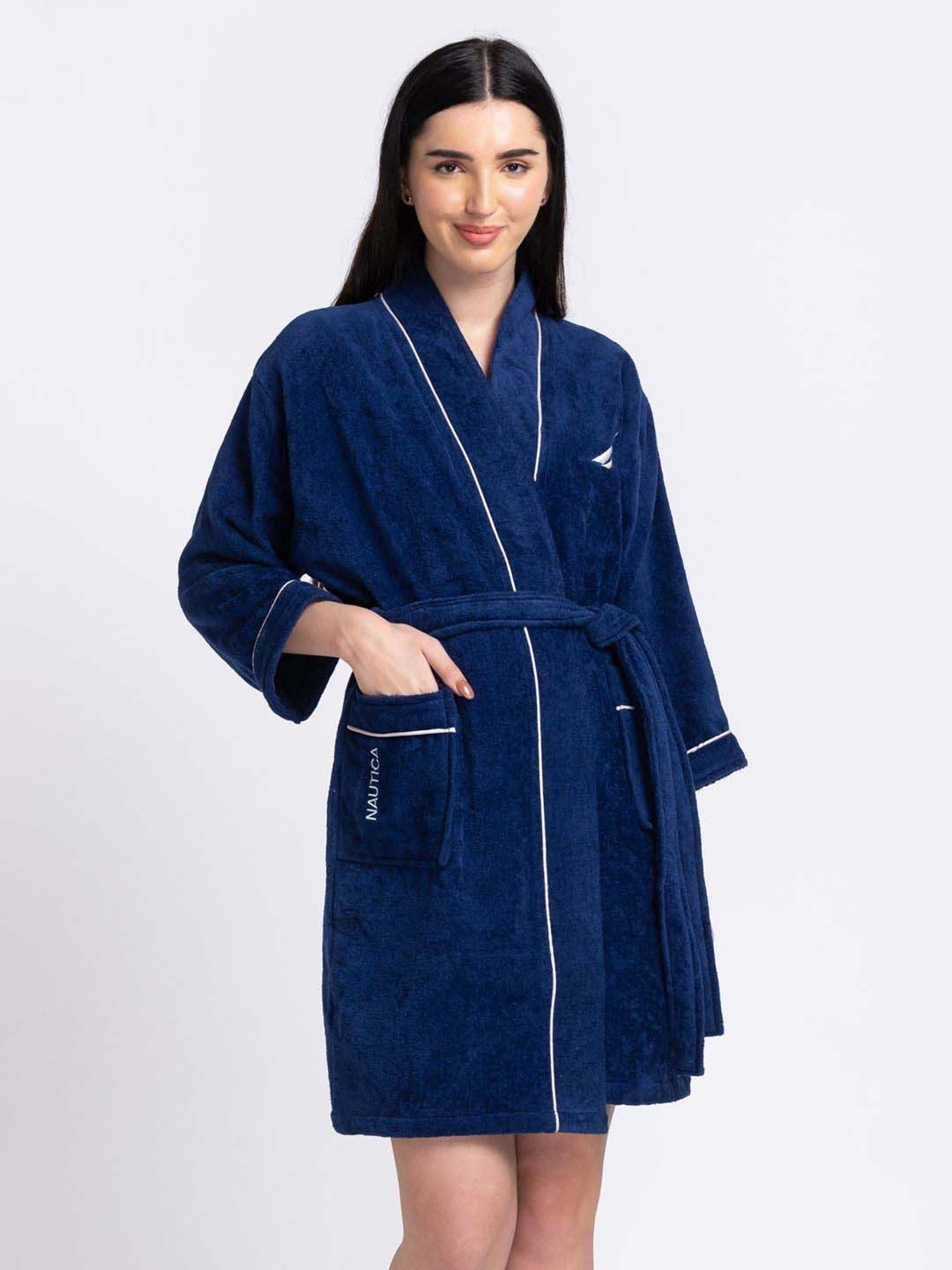 Creeva Everyday Red & Navy 225 GSM Micro Terry Bathrobe with Front Pocket & Kimono Collar