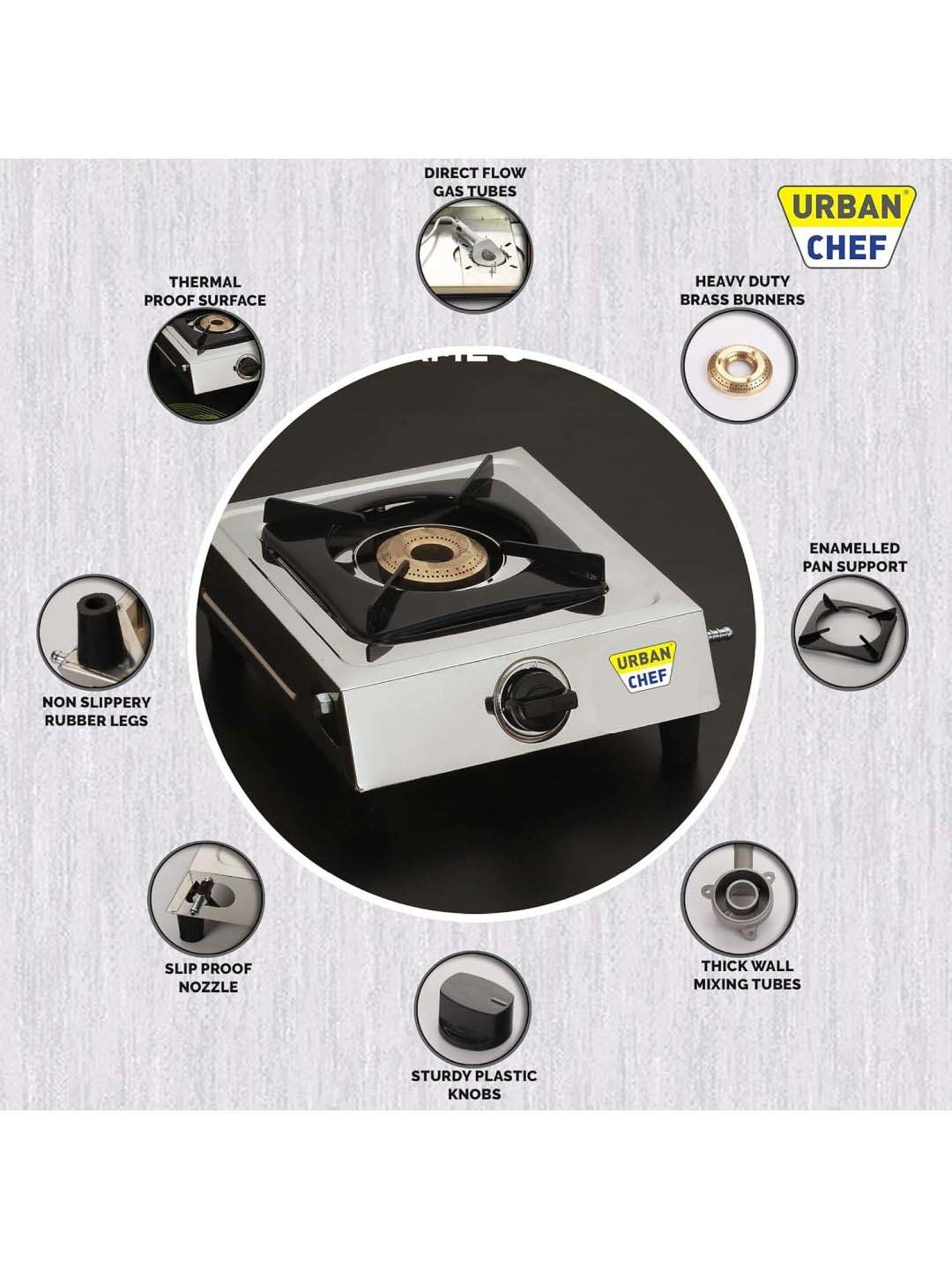 Urban Chef Silver Stainless Steel Manual Ignition 1 Burner Gas Stove