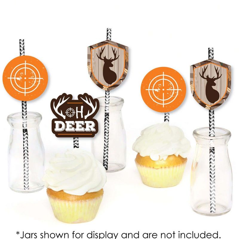 Big Dot of Happiness Gone Hunting - Paper Straw Decor - Deer Hunting Camo Baby Shower or Birthday Party Striped Decorative Straws - Set of 24