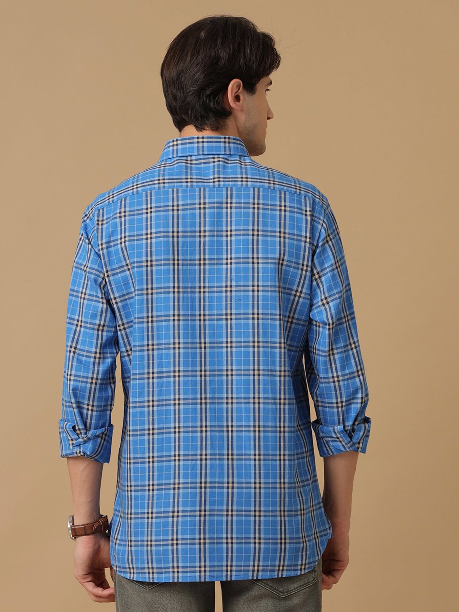 CAVALLO by Linen Club Blue Contemporary Fit Check Shirt