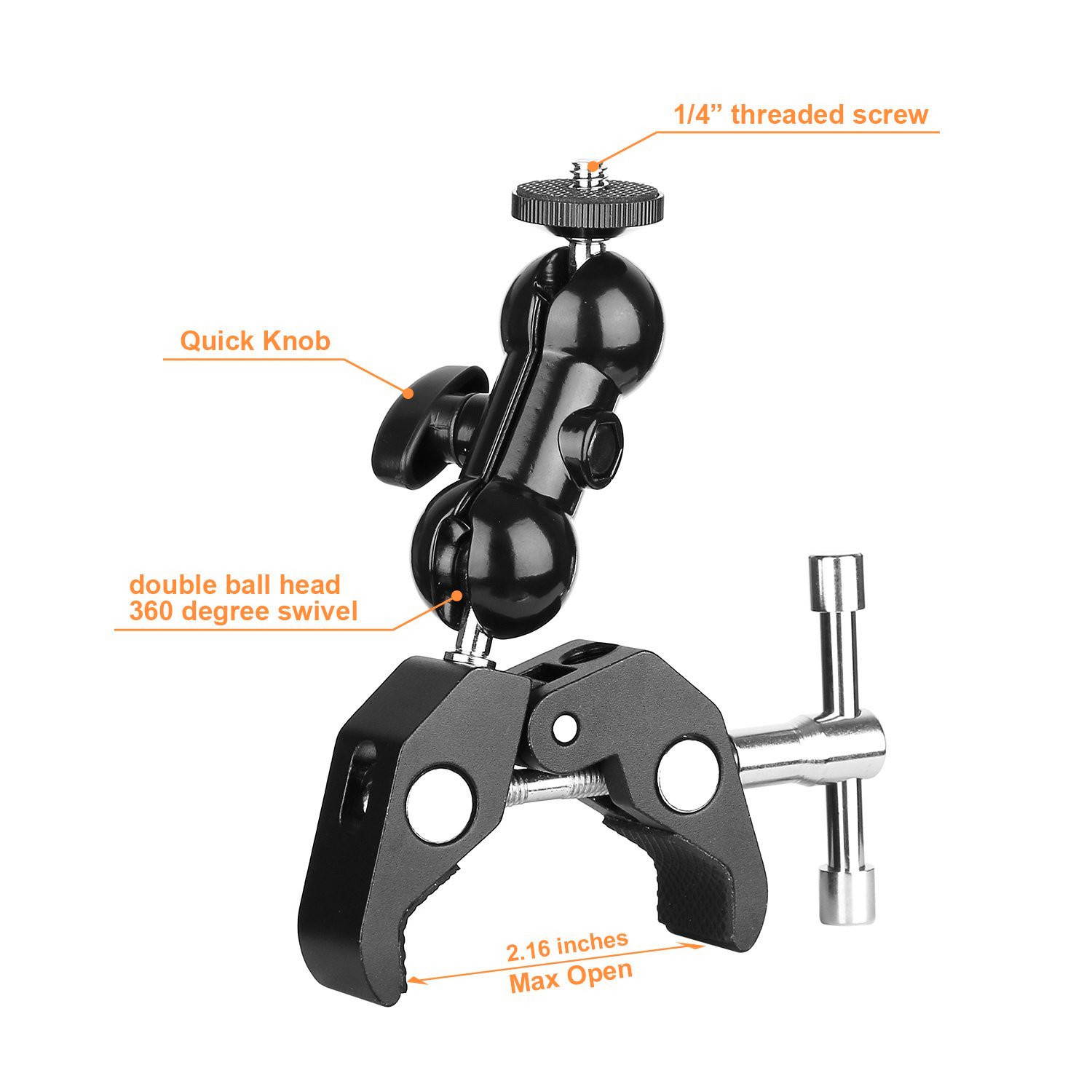 Dual Ballhead Arm Super Clamp Mount Multi-functional Double Ball Adapter for DSLR Camera Monitor LED Video Light External Mic