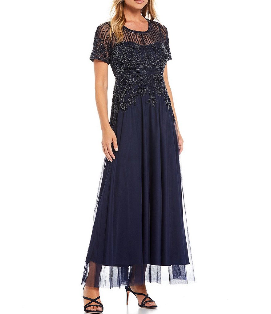 Pisarro Nights Beaded Bodice A-Line Short Sleeve Boat Neck Long Dress