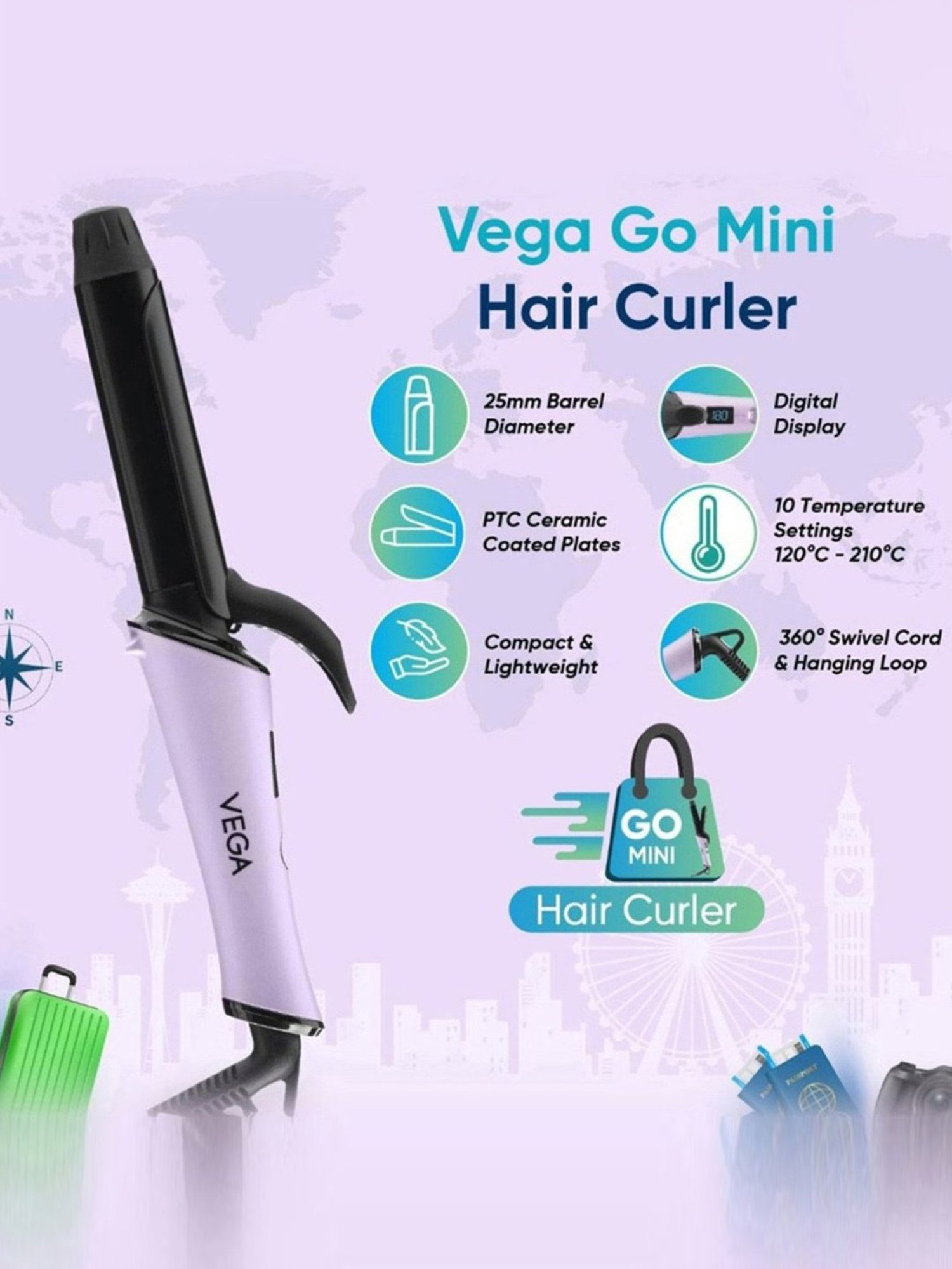 Vega VHCH-08 Mini Hair Curler for Women with 25 mm Barrel, Ceramic Coated Plates (Purple)