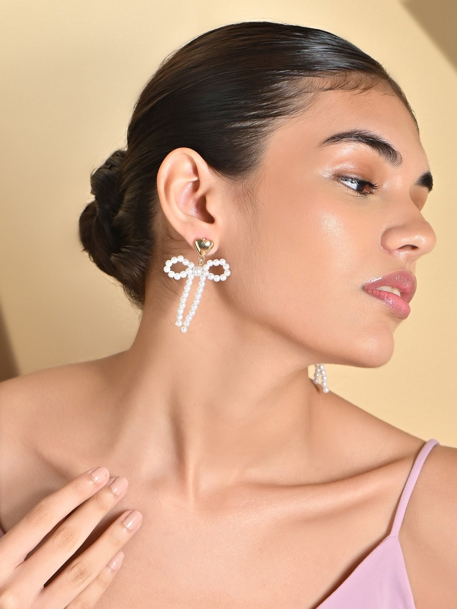 ToniQ White Korean Bow Drop Earrings for Women