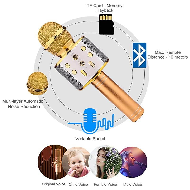 Wireless Bluetooth Karaoke Microphone with Speaker & Record Function, Best Gift Singing Toy for Kid (Gold)