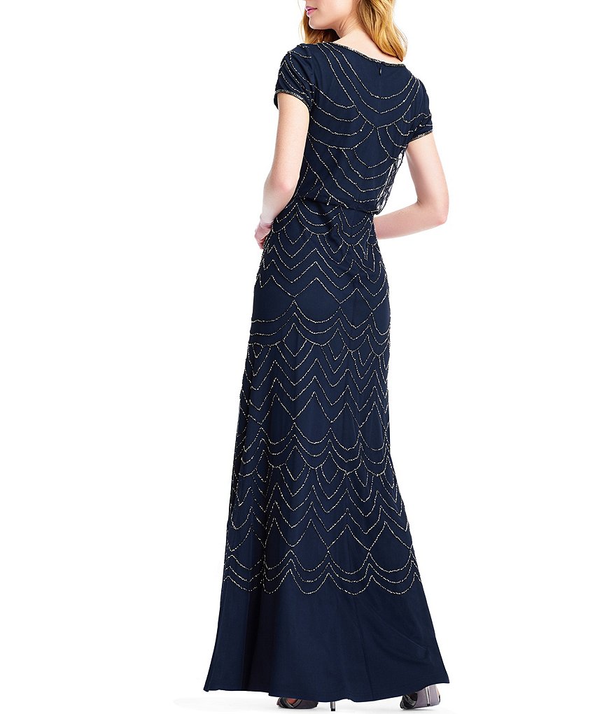 Adrianna Papell Beaded Short Sleeve Blouson Gown