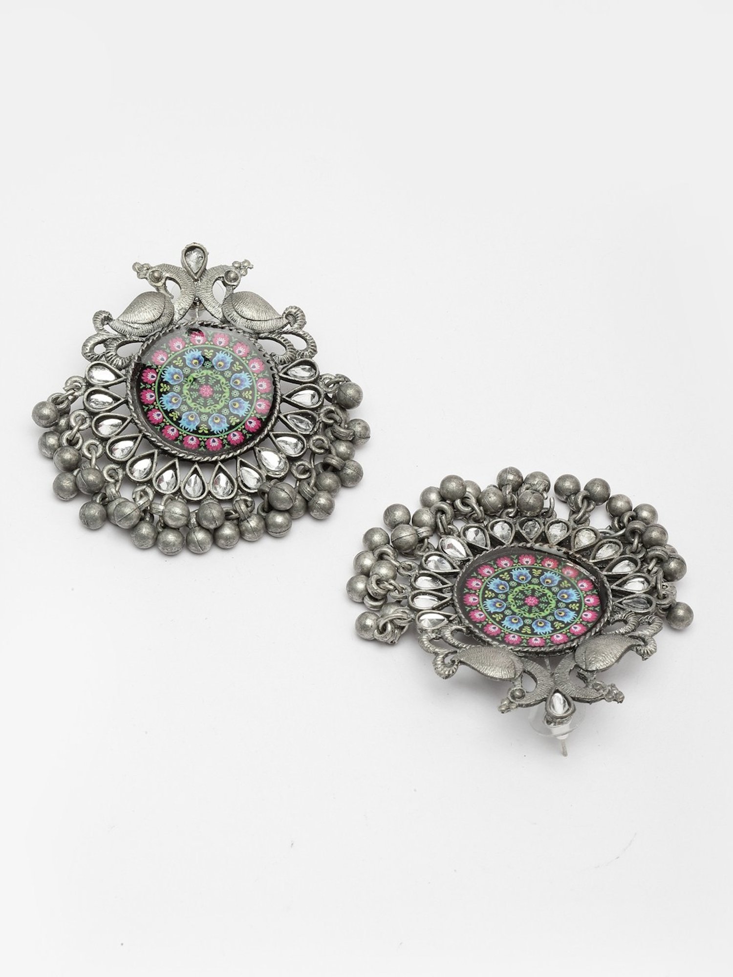 Moedbuille Stones and Ghungru Meenakari Work Oxidised Silver Plated Antique Tribal Earrings