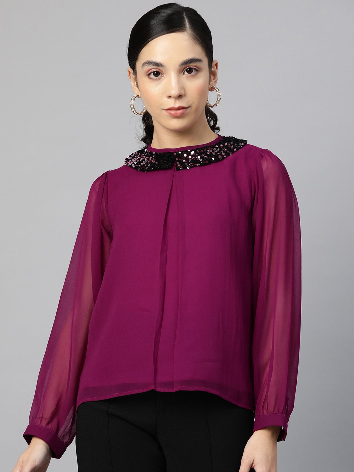 Cottinfab Purple Peter Pan Collar Georgette Top