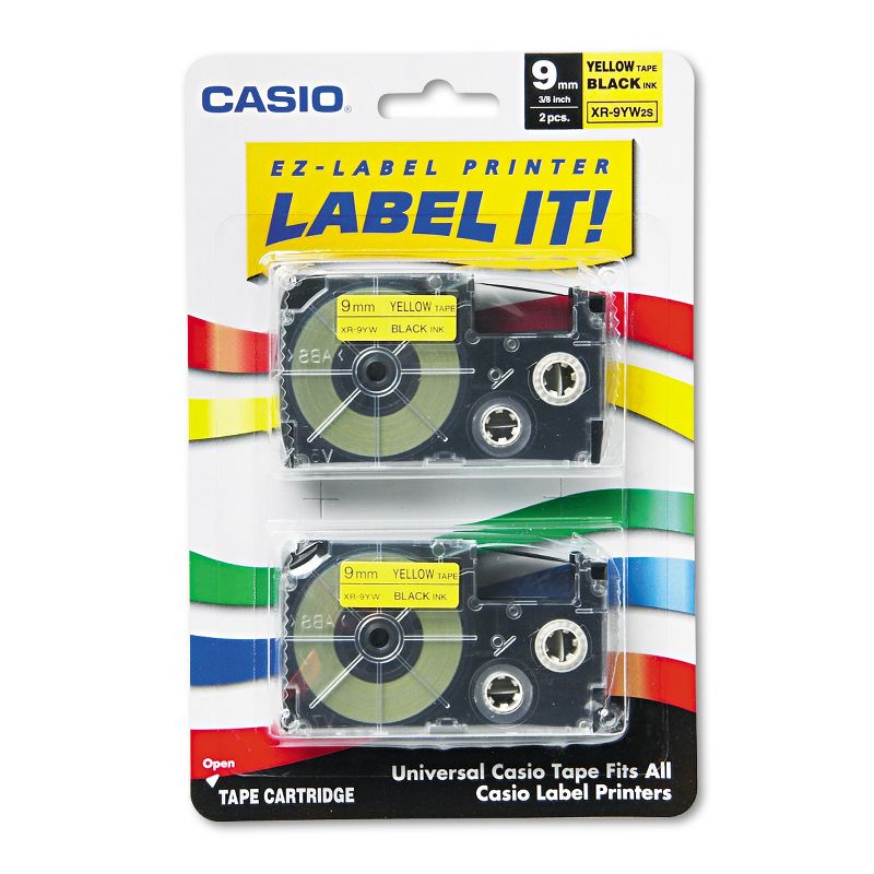 Casio Tape Cassettes for KL Label Makers 9mm x 26ft Black on Yellow 2/Pack XR9YW2S