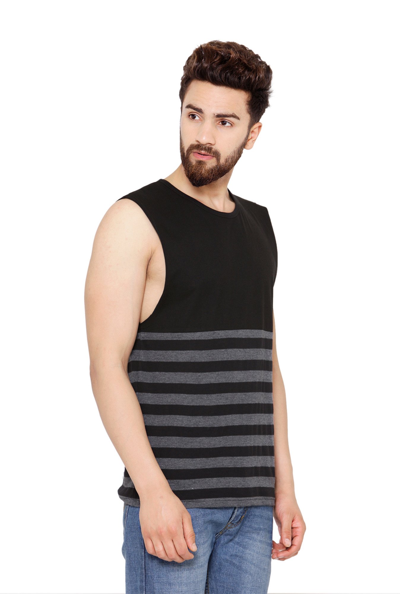 Hypernation Black & Grey Striped Sleeveless T-Shirt