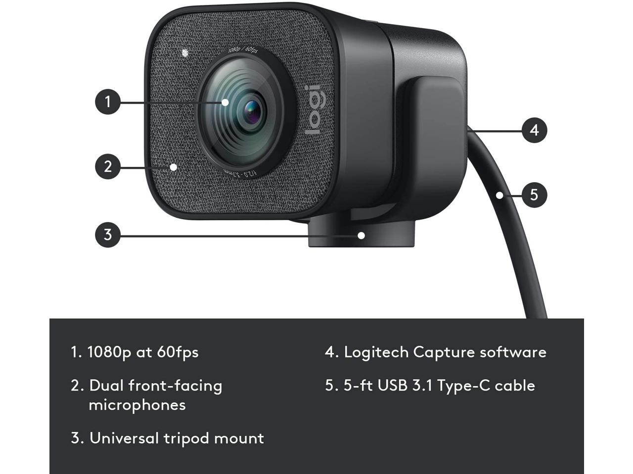 Logitech StreamCam, 1080P HD 60fps Streaming Webcam with USB-C and Built-in Microphone,Graphite