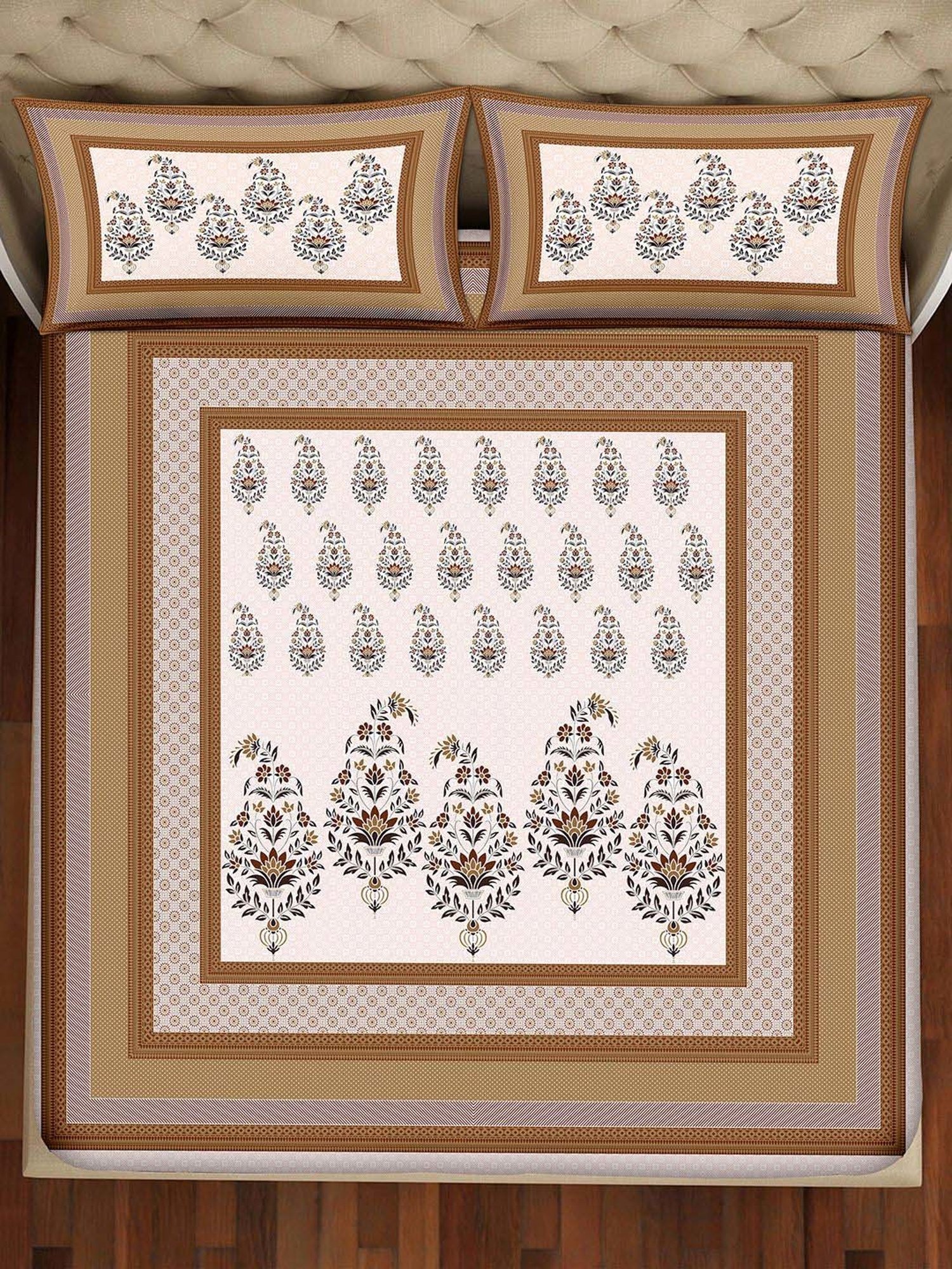 BELLA CASA Amer Printed Brown & White 350 TC Cotton King Bedsheet with 2 Pillow Covers