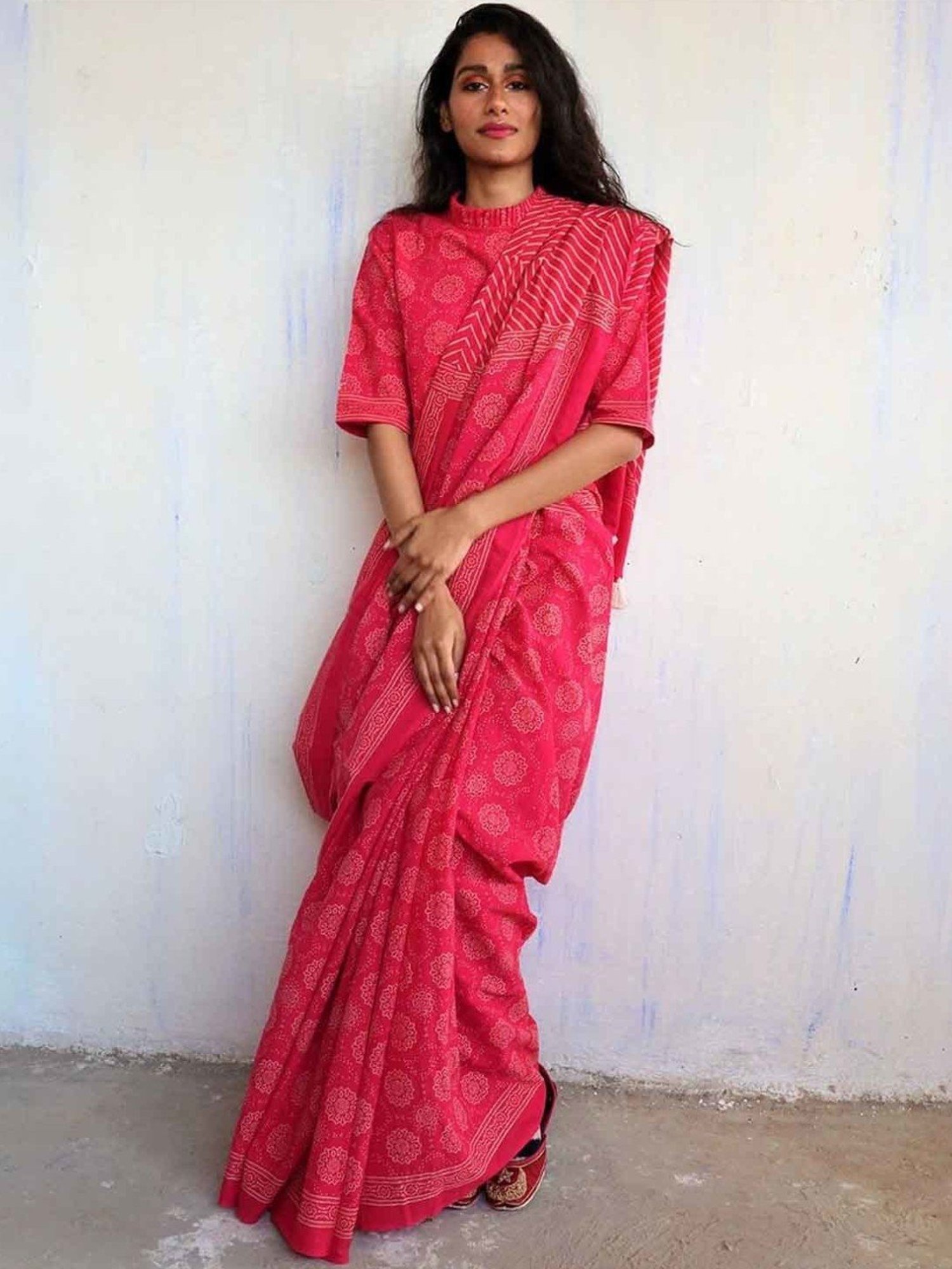 Chidiyaa Rani Pink Block Printed Cotton Mulmul Saree - Butterfly Girls